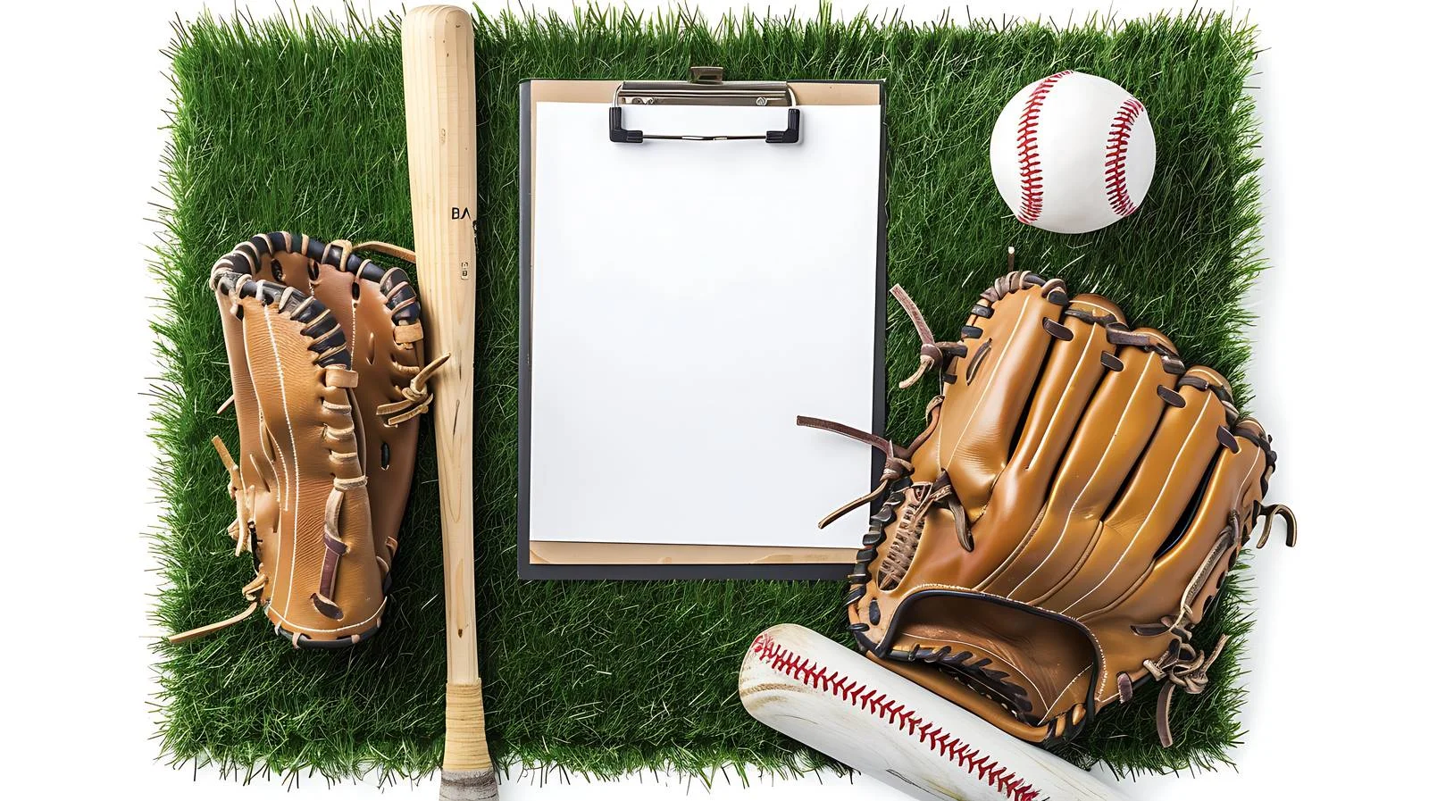 Baseball equipment on grass field with clipboard — free download from Dotvec