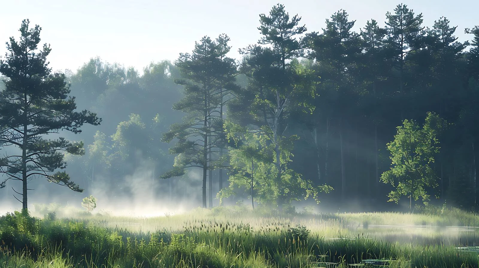 Serene Foggy Forest Morning Glowing White — free download from Dotvec