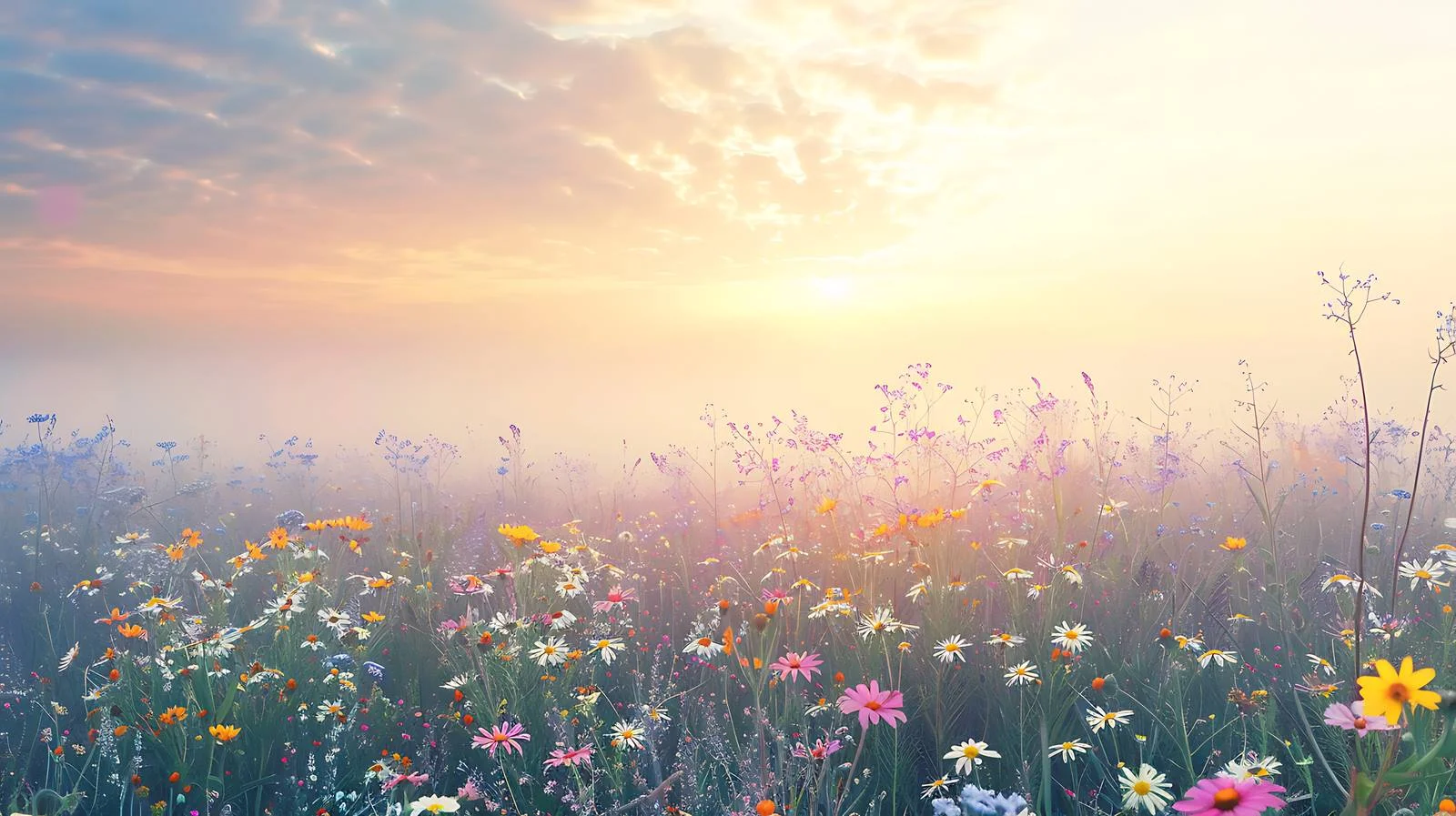 Majestic Misty Sunrise Above Flower Field — free download from Dotvec