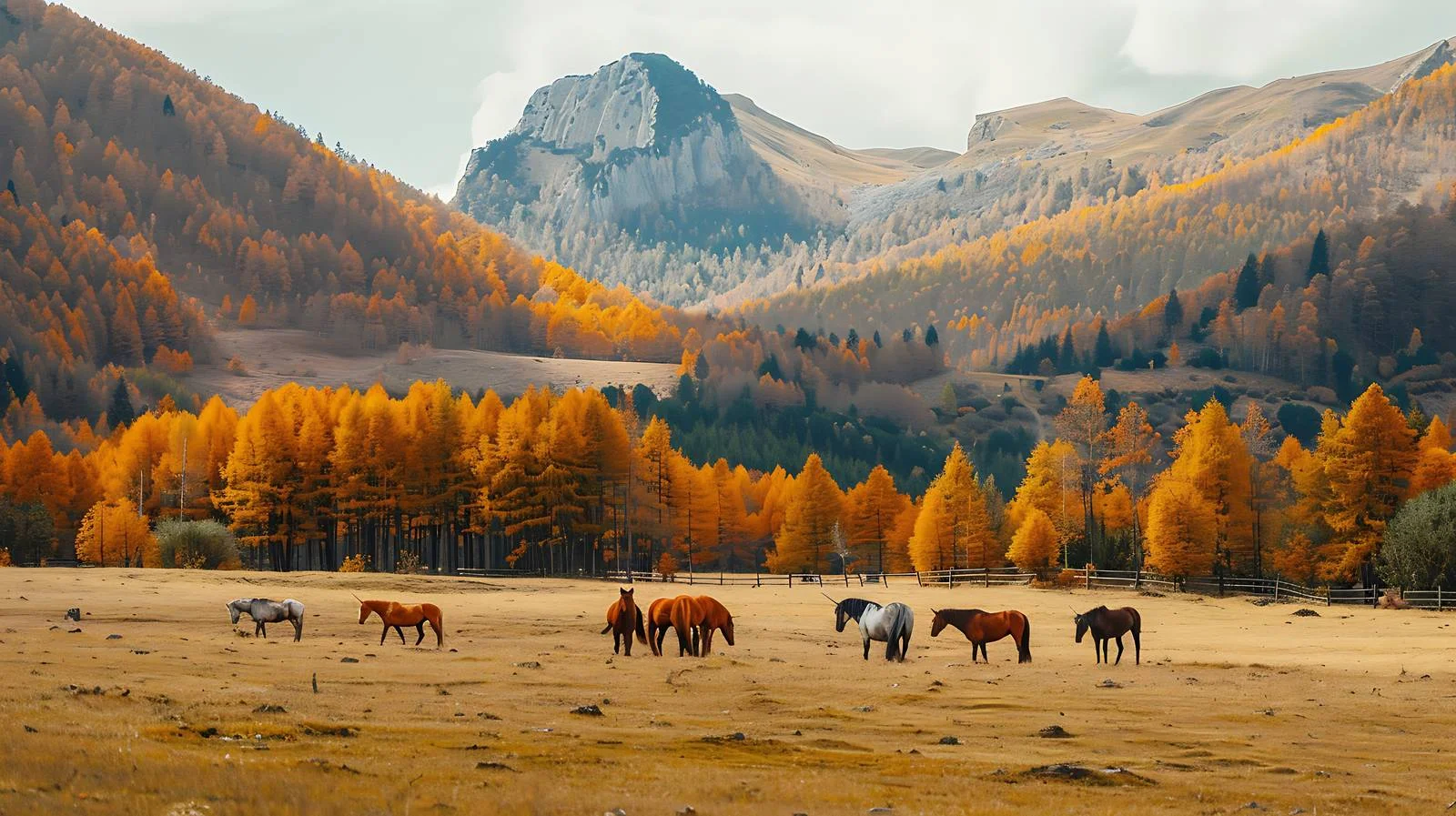 Serene Autumn Mountainscape with Grazing Horses — free download from Dotvec