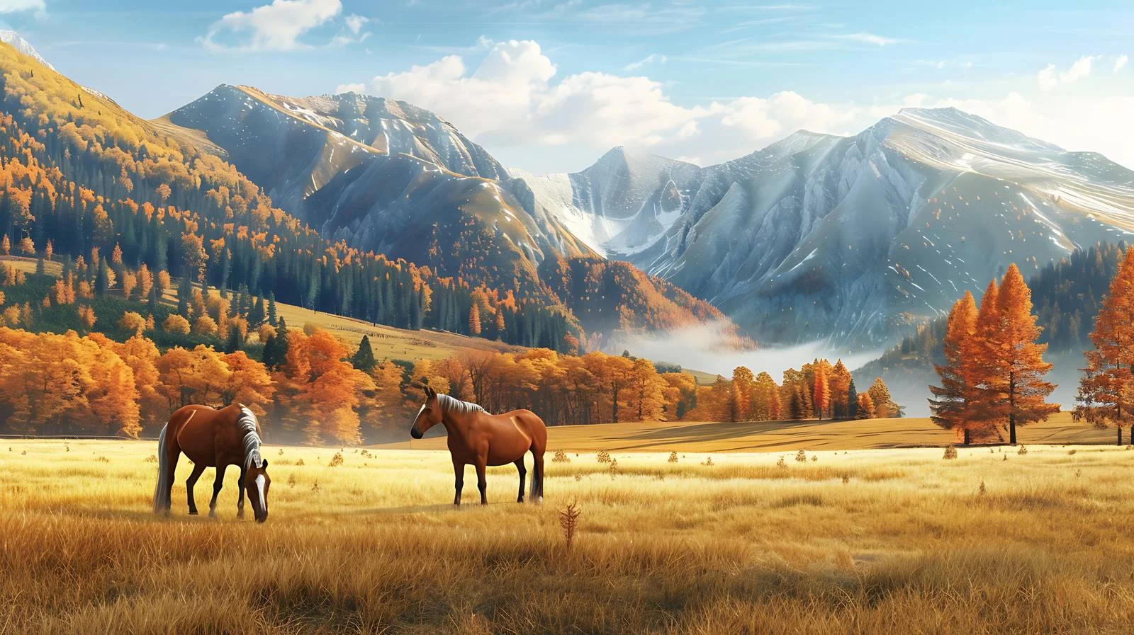 Serene Autumn Mountainscape with Graceful Horses — free download from Dotvec