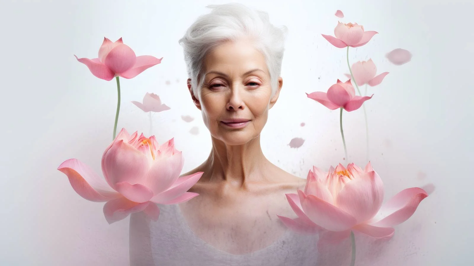 Elegant senior lady amid pink lotus blooms — free download from Dotvec