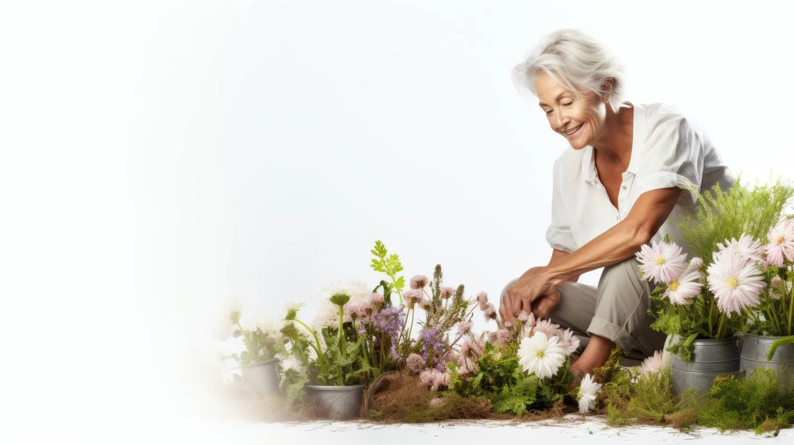 Elderly lady tending garden alone joyfully — free download from Dotvec