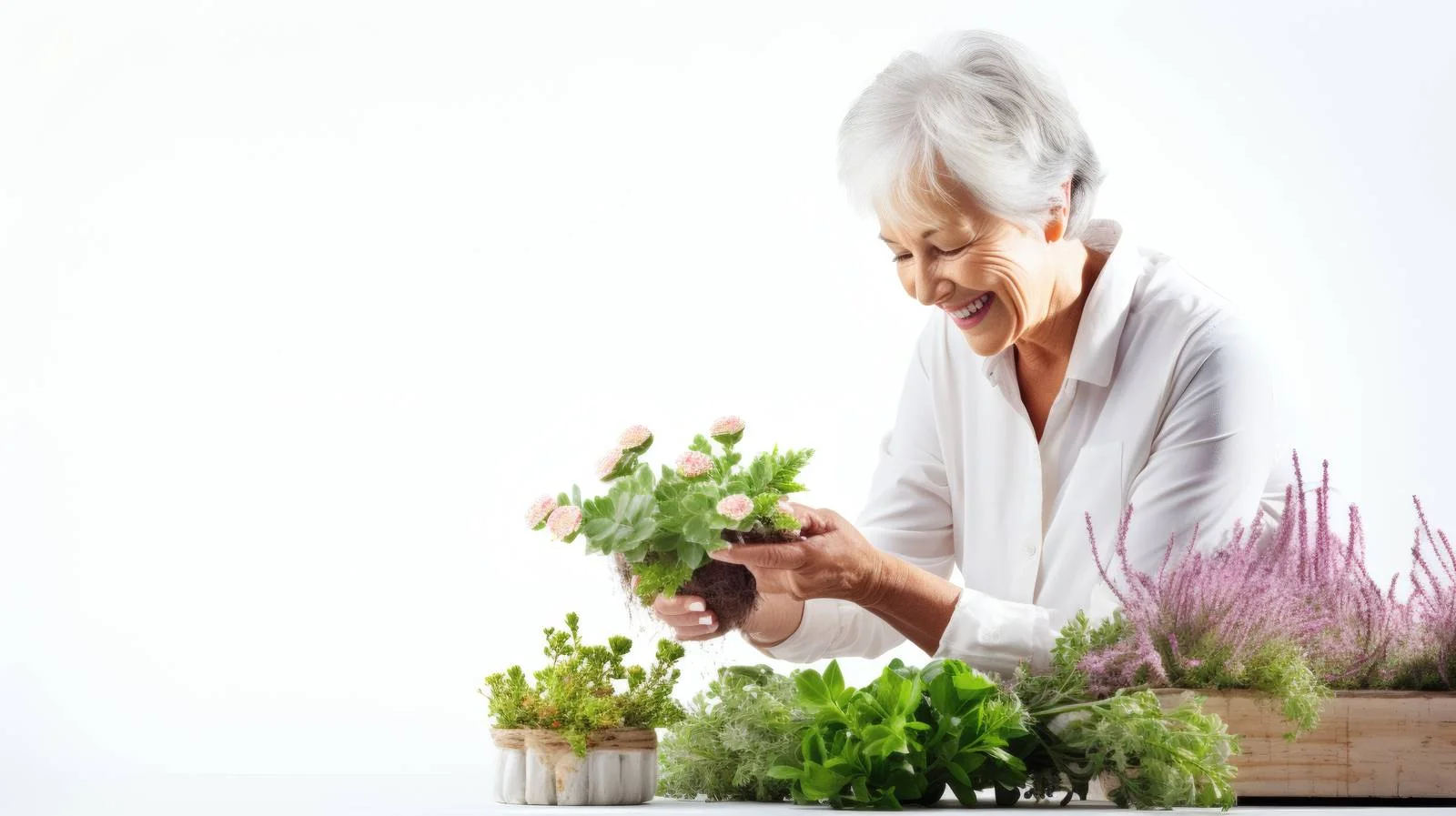 Elderly woman tends garden alone indoors — free download from Dotvec