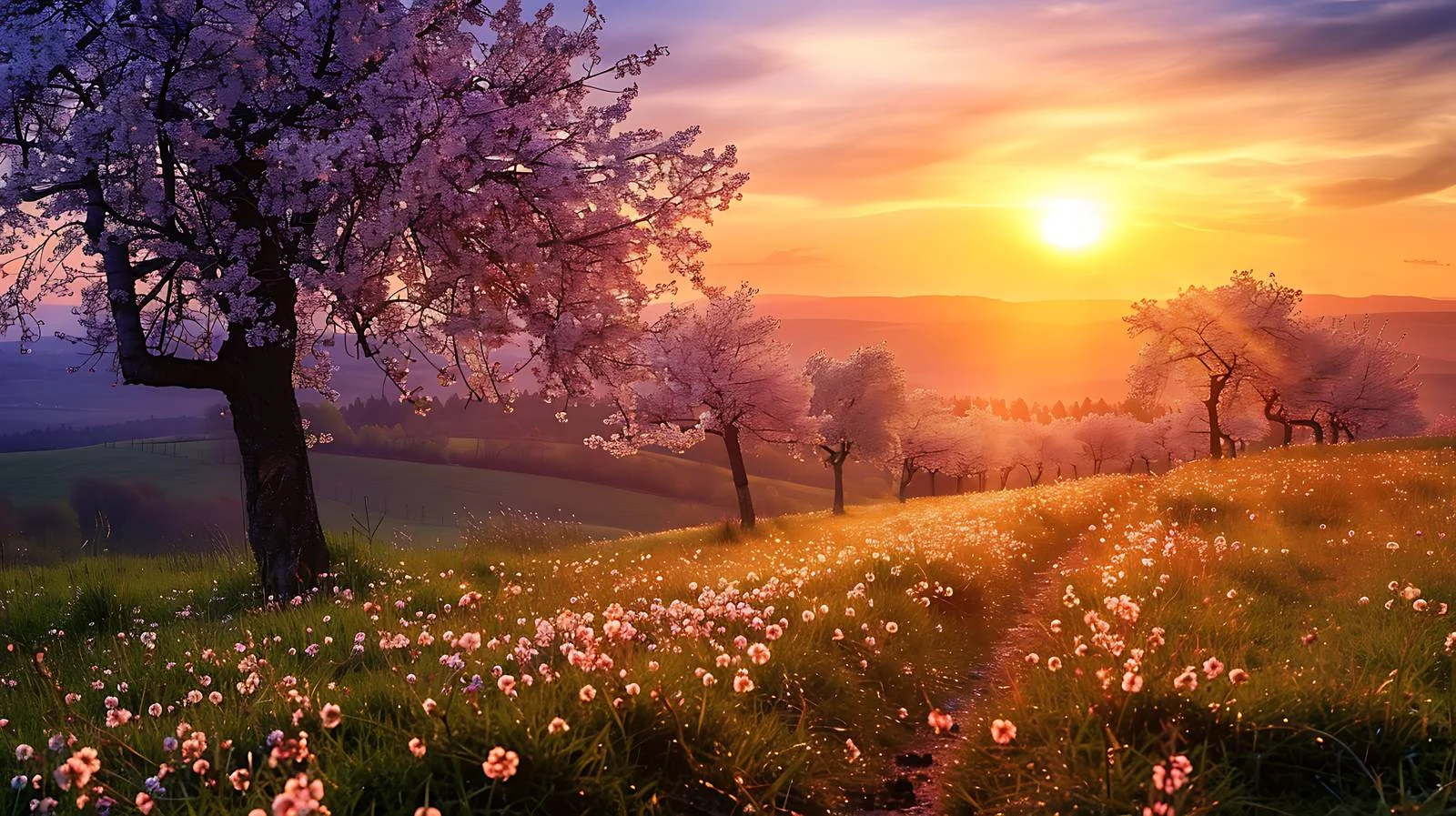 Serene Cherry Blossom Orchard at Sunset — free download from Dotvec