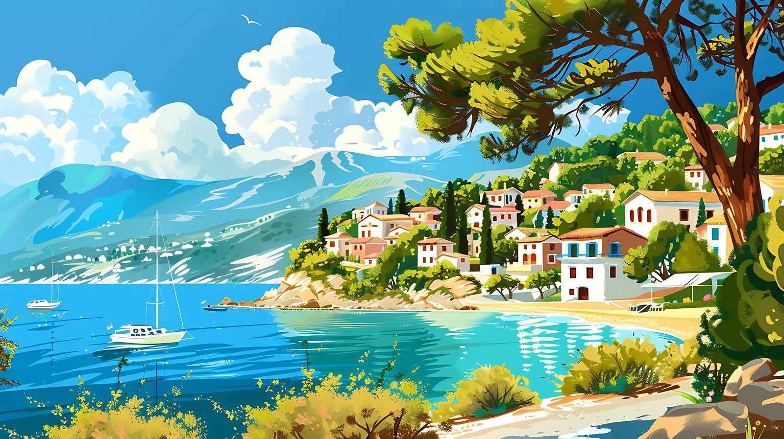 Idyllic Greek Summer Landscape on White — free download from Dotvec