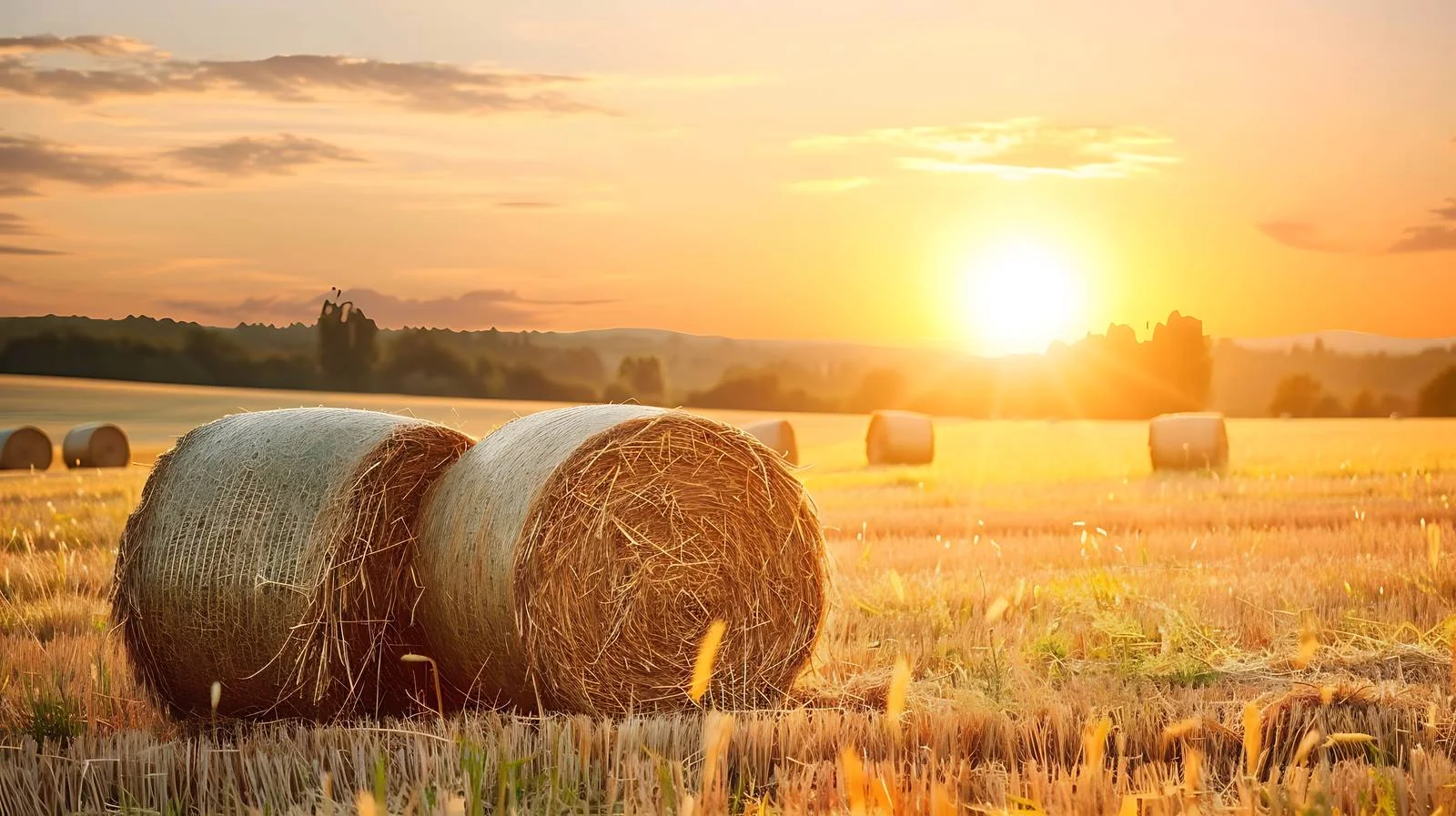 Vibrant summer sunrise illuminating hay bales — free download from Dotvec