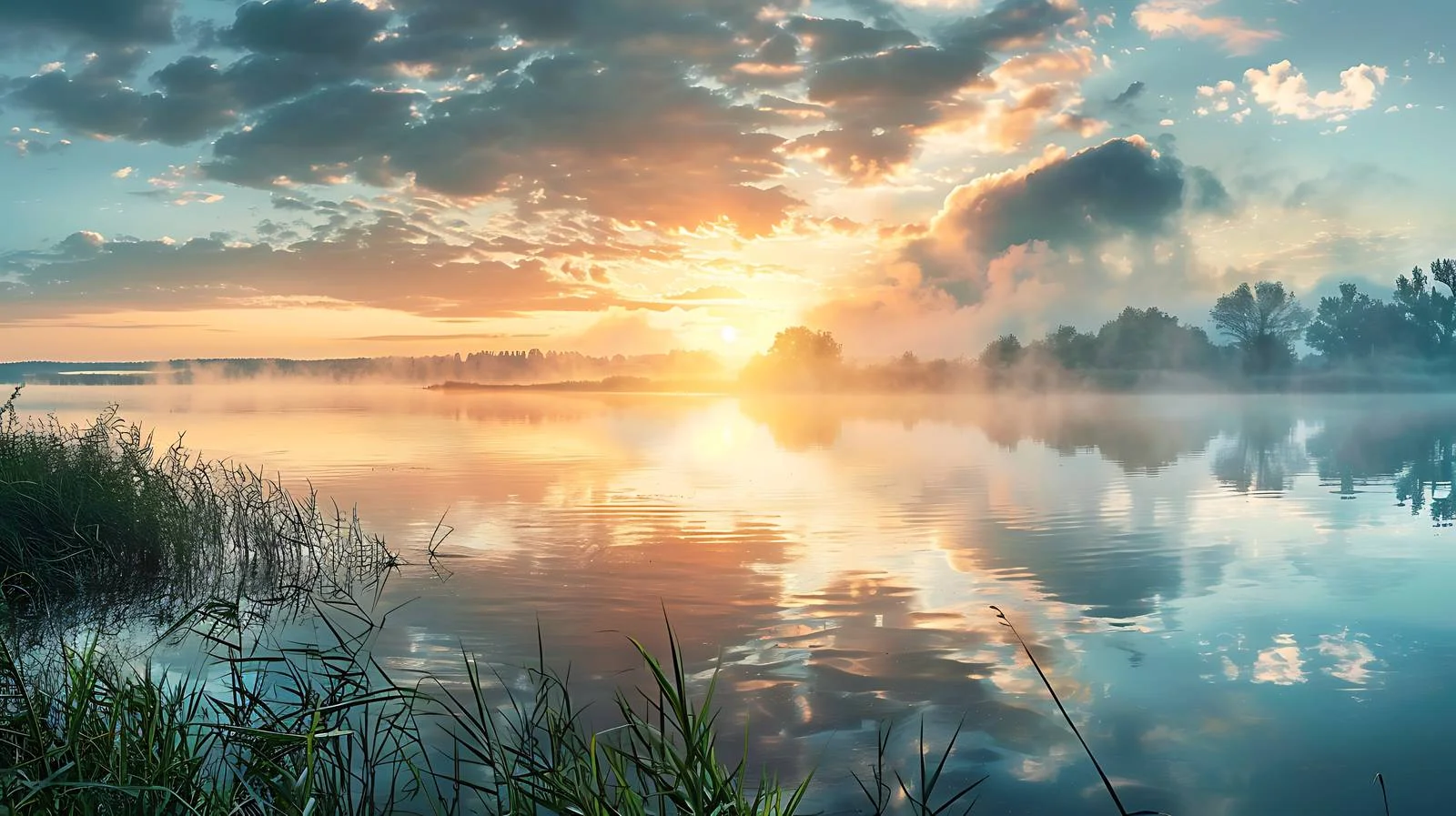Tranquil Sunrise Reflection on Lake Panorama — free download from Dotvec