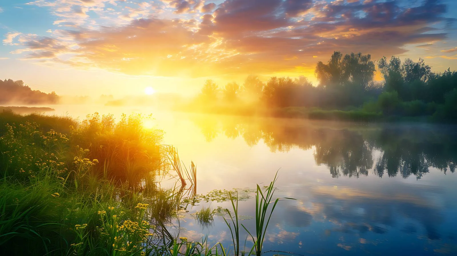 Peaceful Summer Sunrise by River Bank — free download from Dotvec