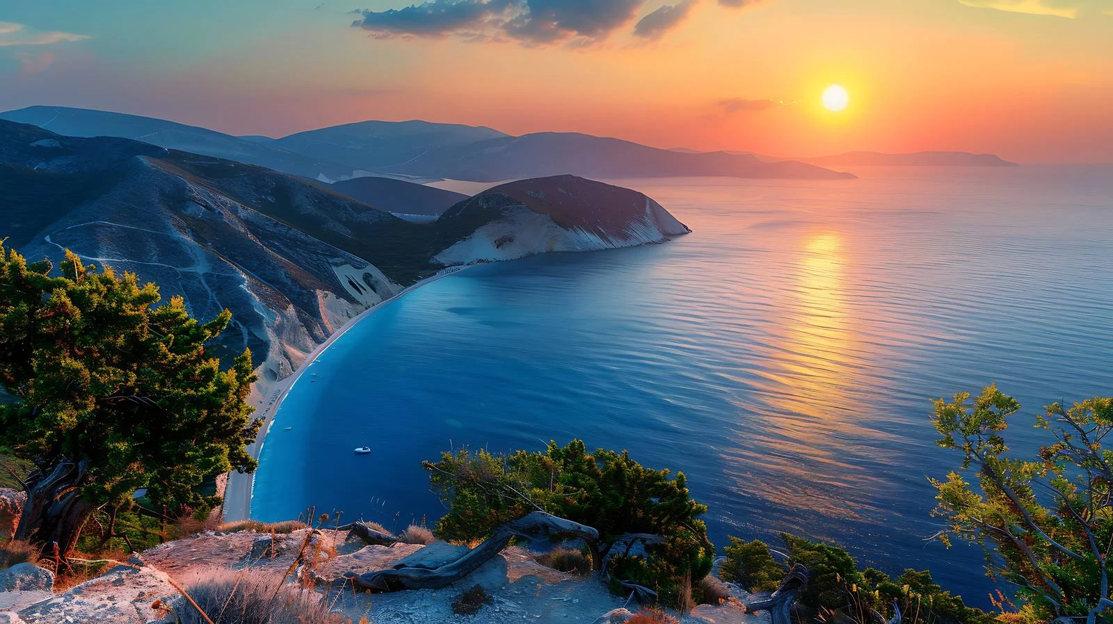 Vibrant sunset at Myrtos Beach, Greece — free download from Dotvec