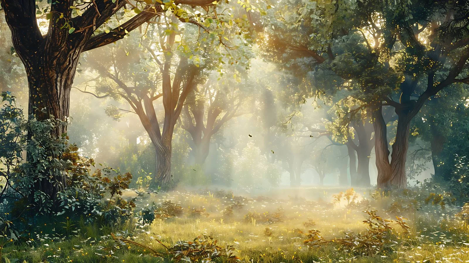 Enchanting Sunrise in Mystical Woodland Panorama — free download from Dotvec