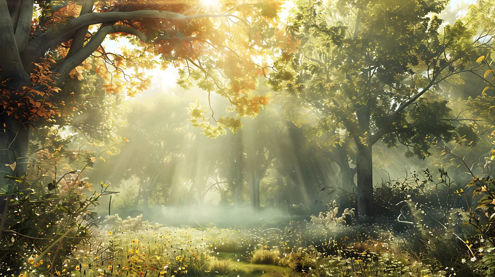 Enchanting sunrise in mystical woodland panorama — free download from Dotvec