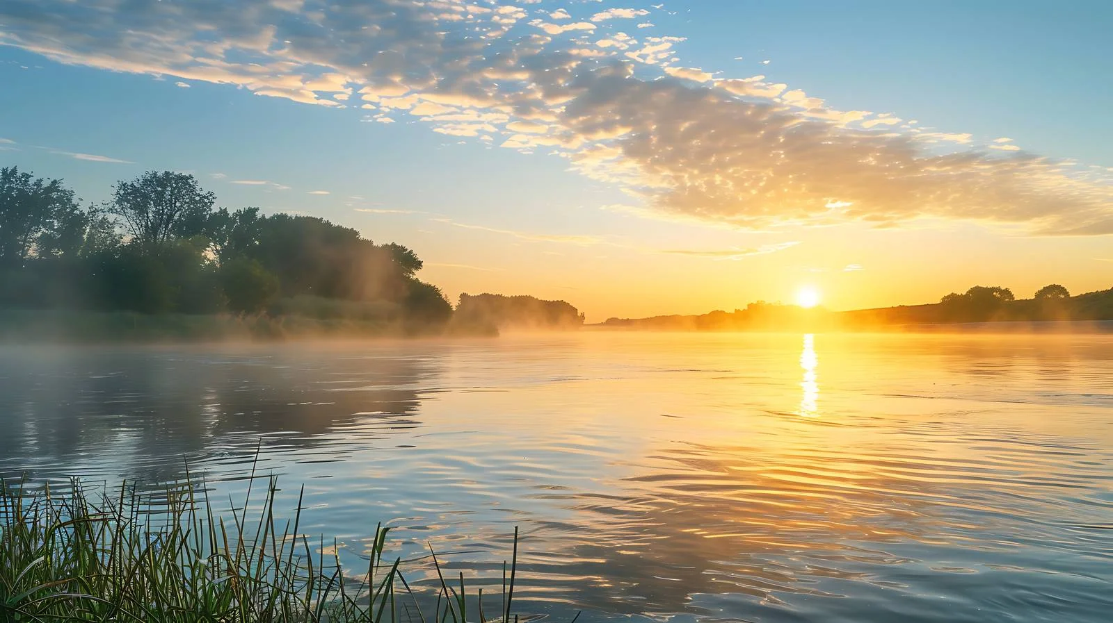 Serene Sunrise Reflecting on Riverbank — free download from Dotvec