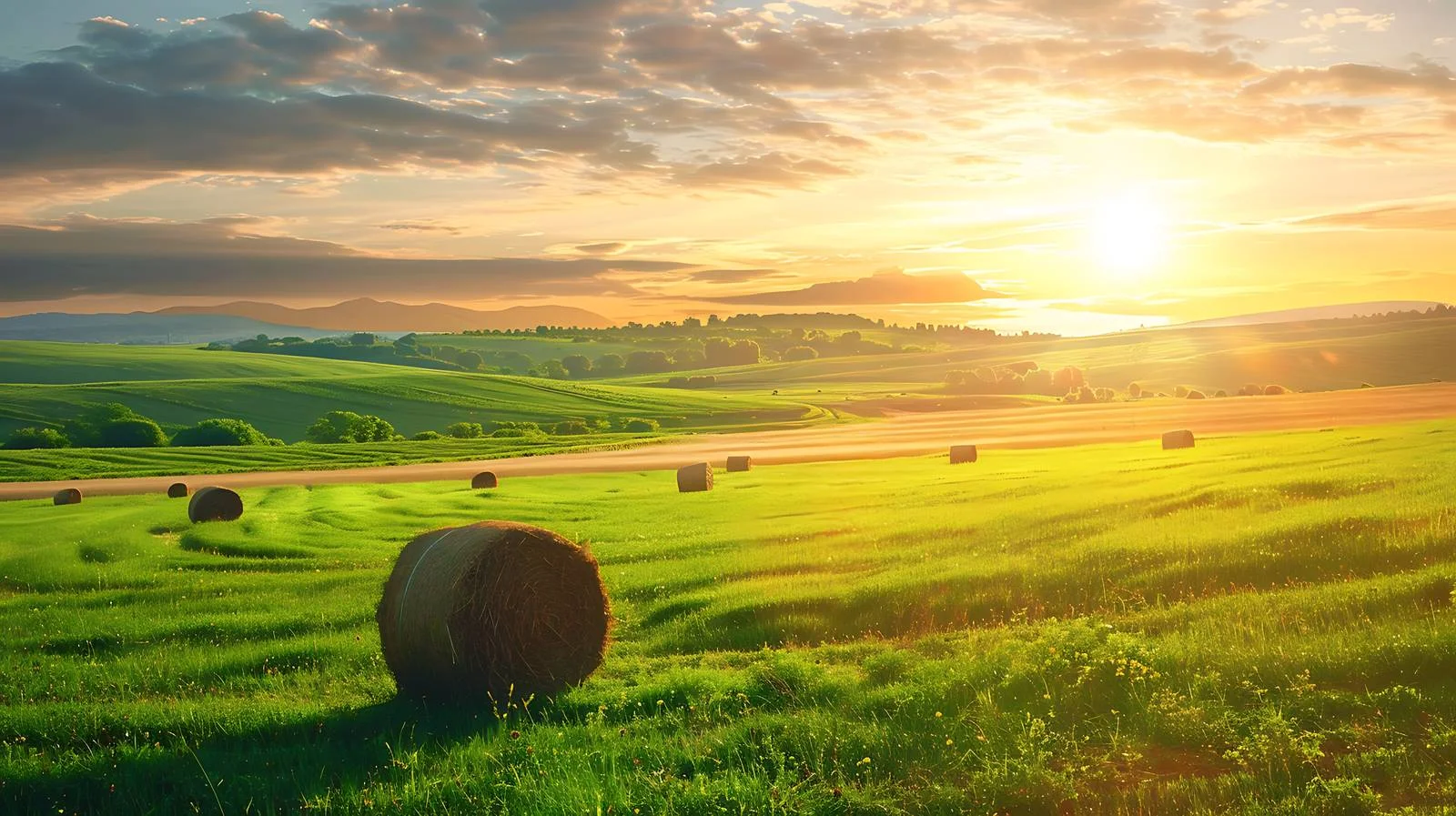 Vibrant sunset illuminating grassy field with hay bales — free download from Dotvec