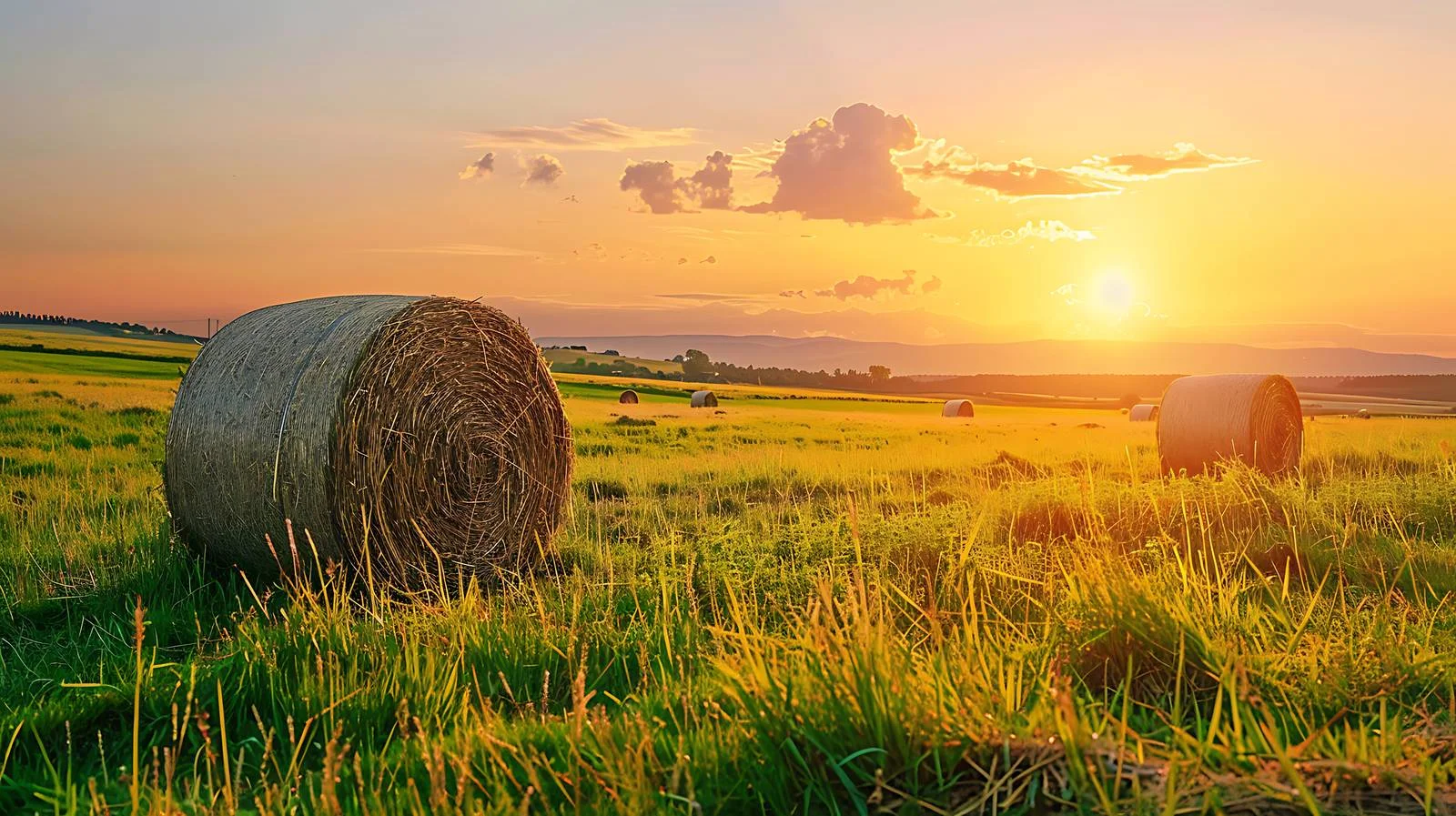 Serene Evening Glow on Meadow with Haystacks – free bale image from Dotvec