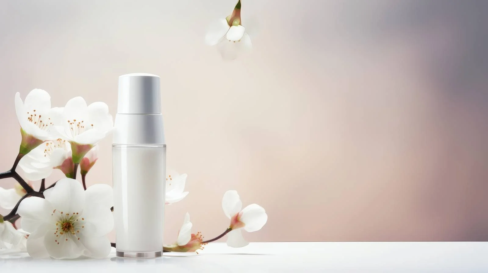 Elegant Beauty Display with Cosmetic Bottle and Flowers — free download from Dotvec