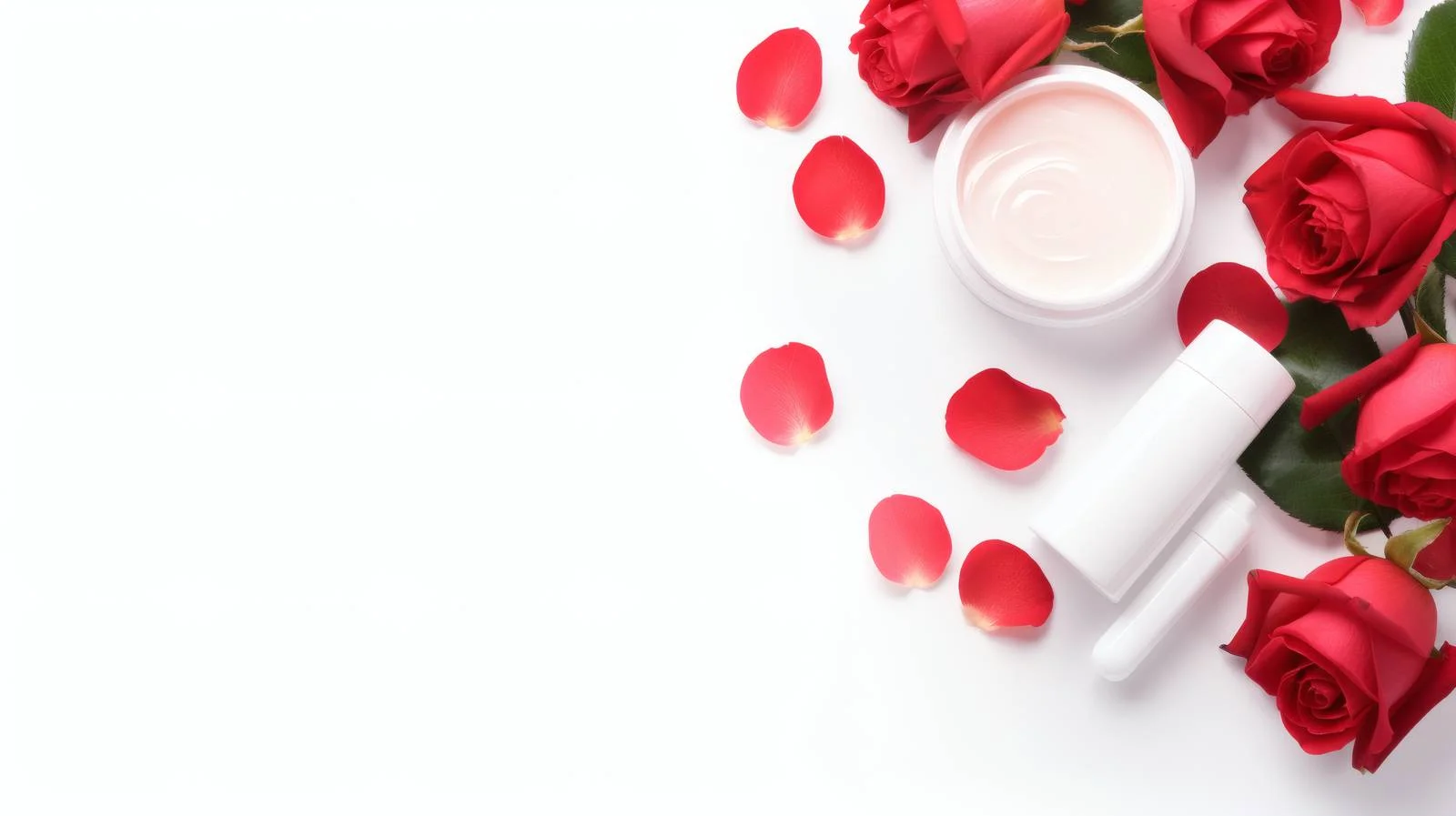 Elegant Beauty Essentials with Roses on White — free download from Dotvec
