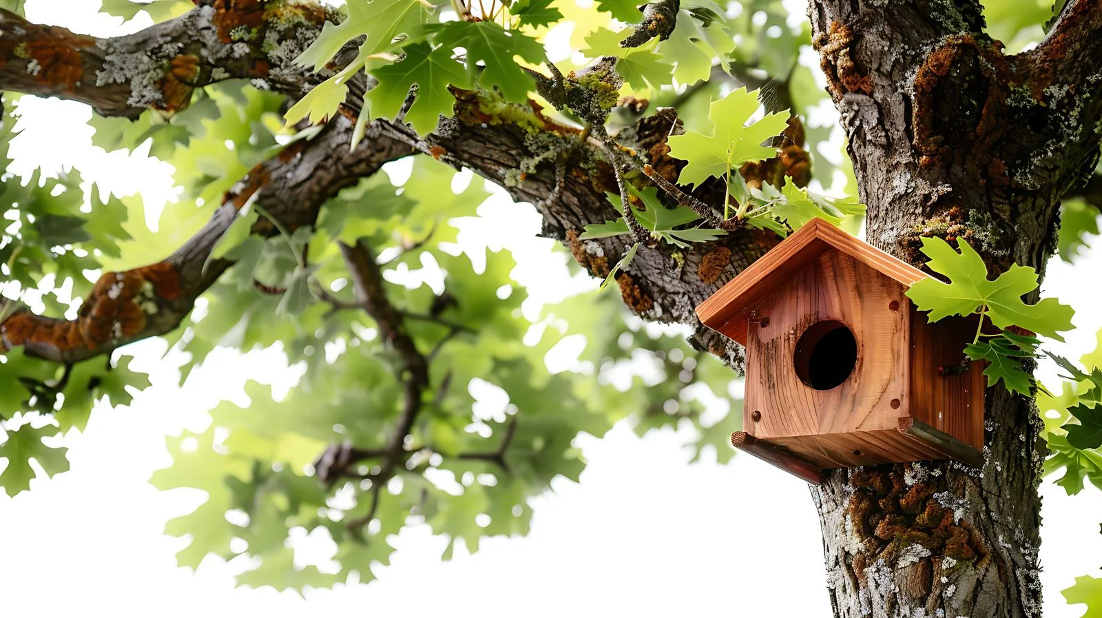 Tranquil Birdhouse Amid Green Oak Leaves – free oak tree image from Dotvec
