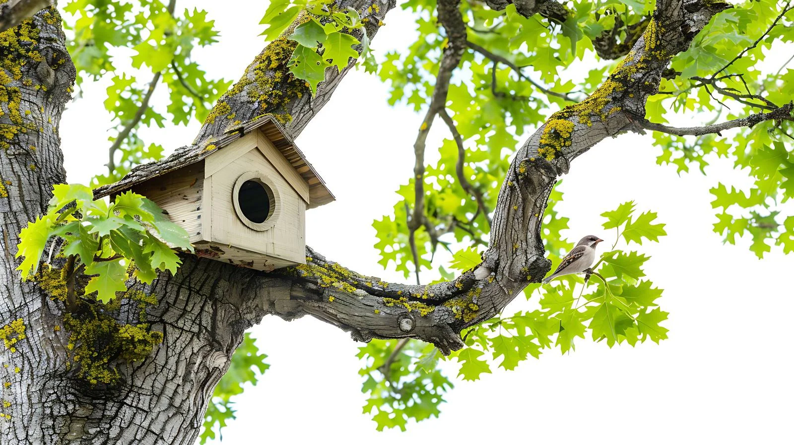 Serene birdhouse on oak branch with leaves – free oak tree image from Dotvec