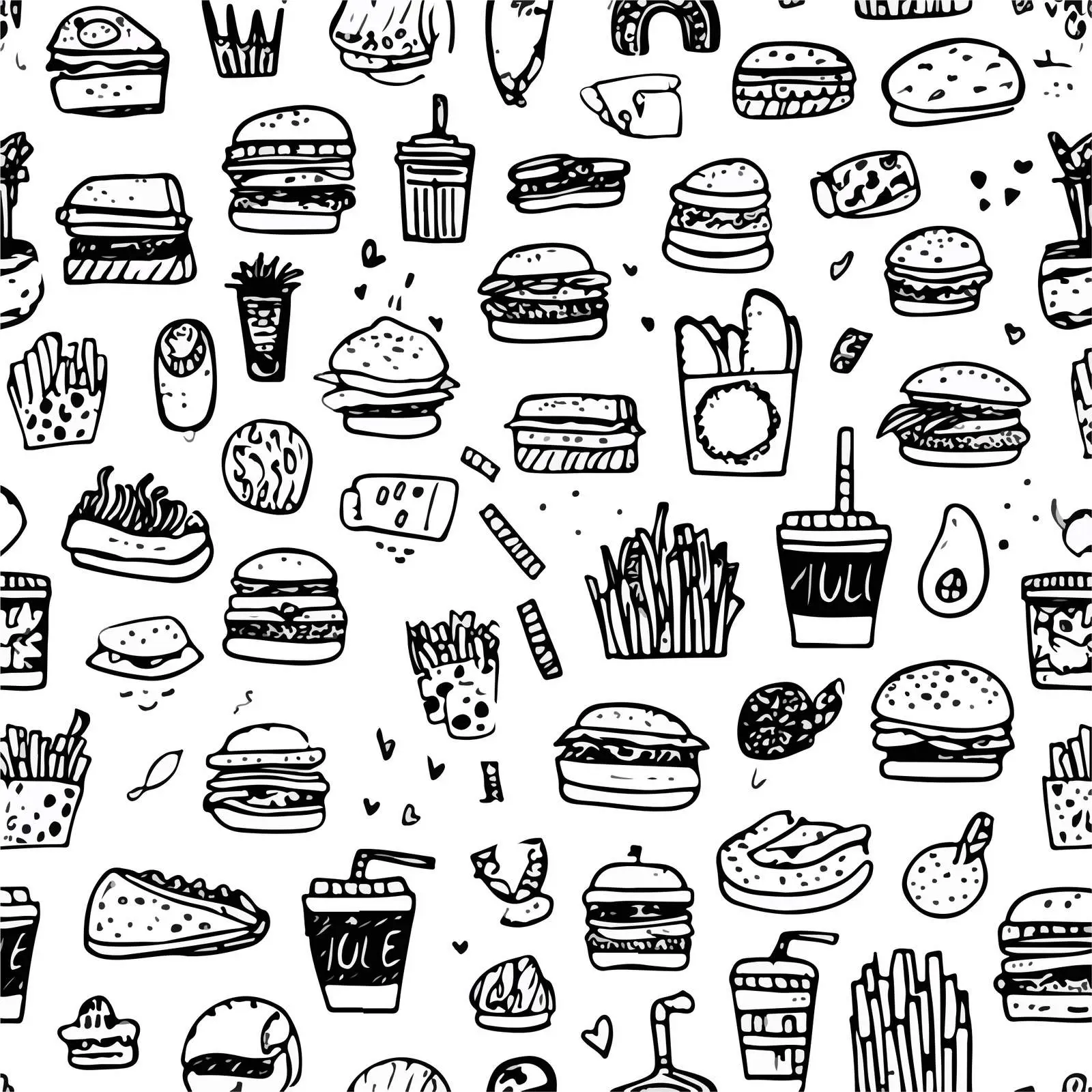 Monochrome Fast Food Doodle Pattern — free download from Dotvec