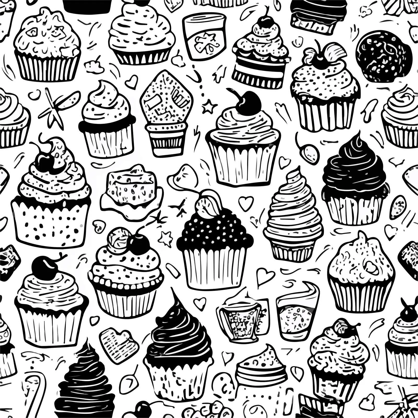 Monochrome Cupcake & Sweets Doodle Pattern — free download from Dotvec
