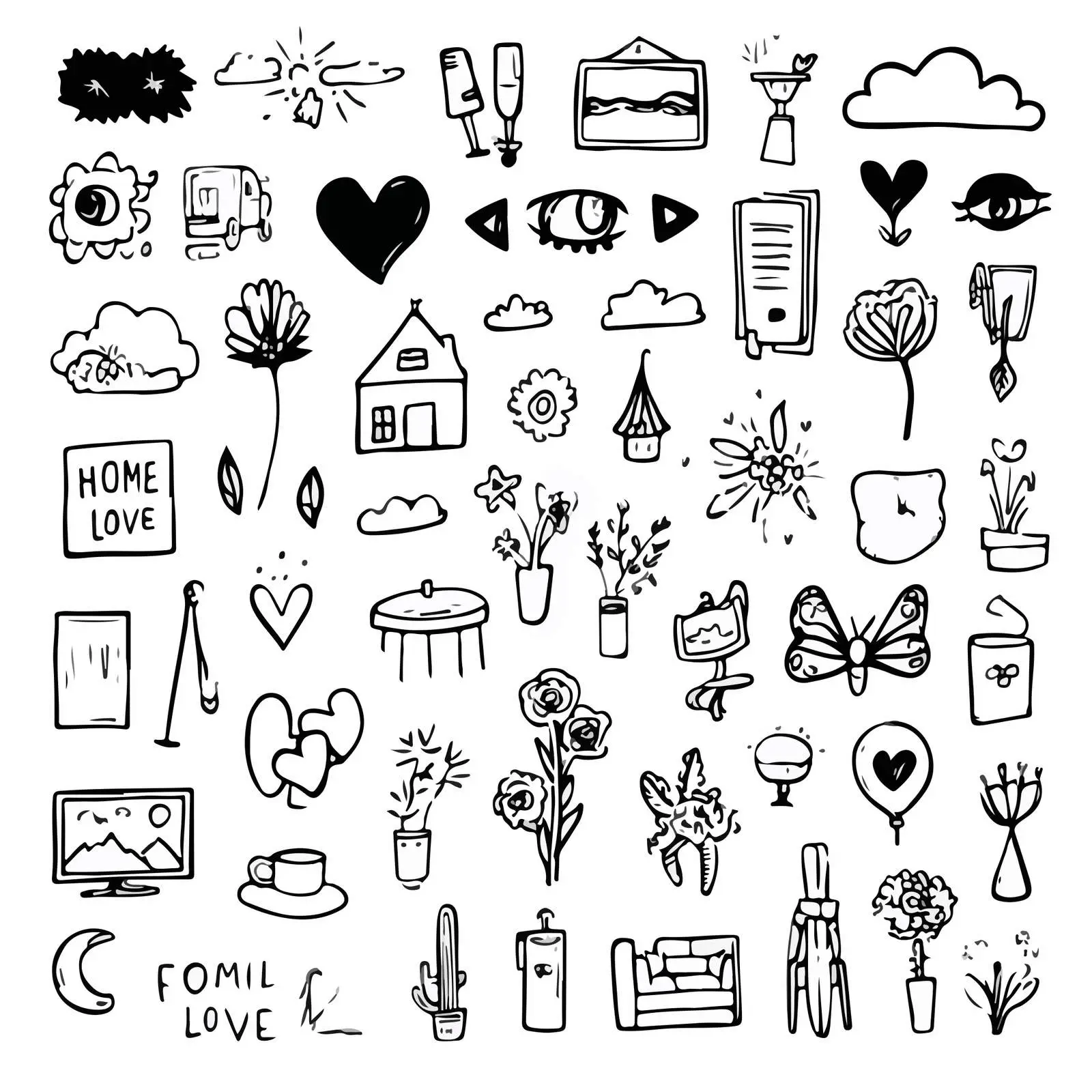 Romantic Doodle Icons Line Art — free download from Dotvec