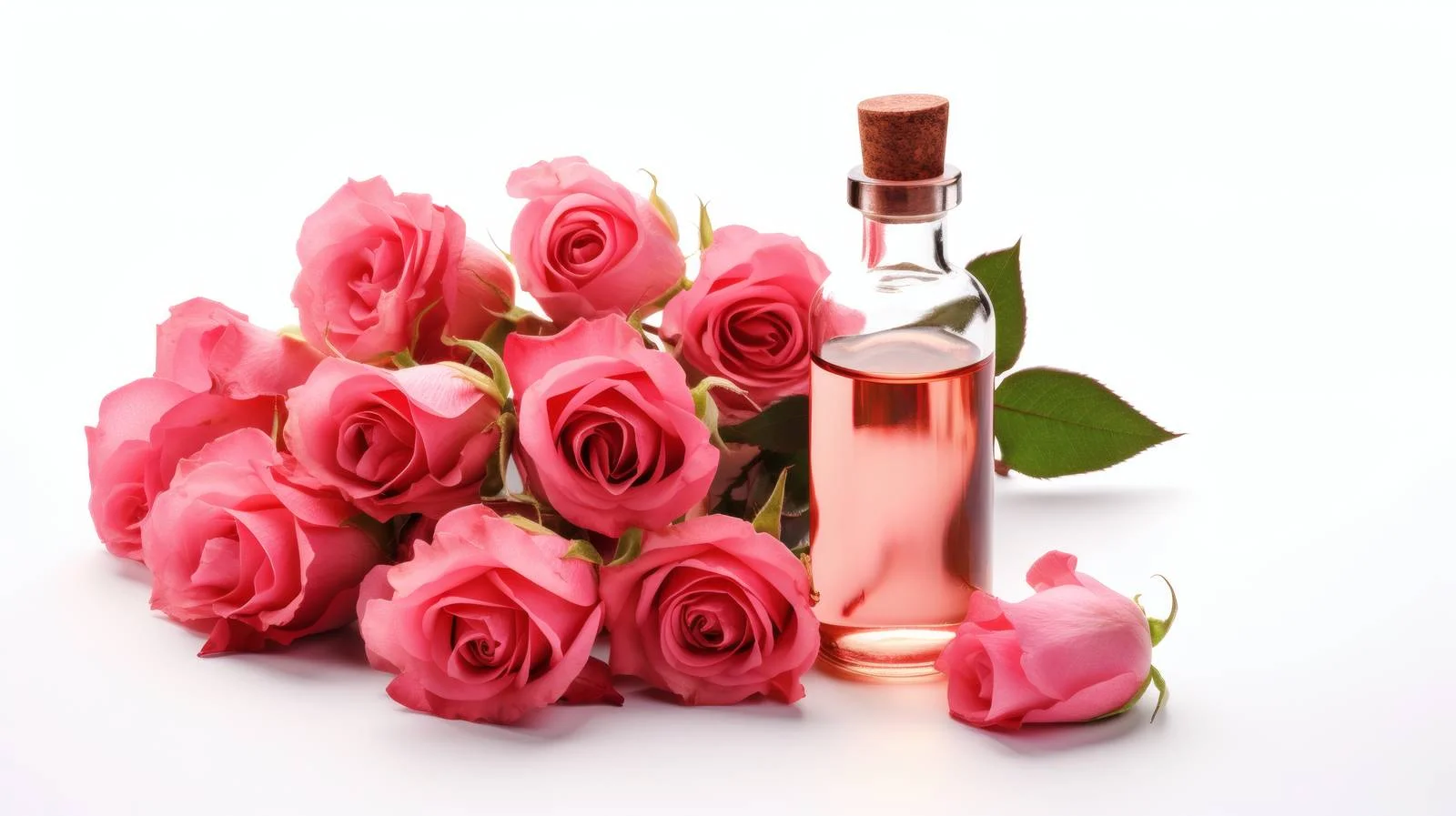 Pure Rose Oil Bottle and Blooms — free download from Dotvec