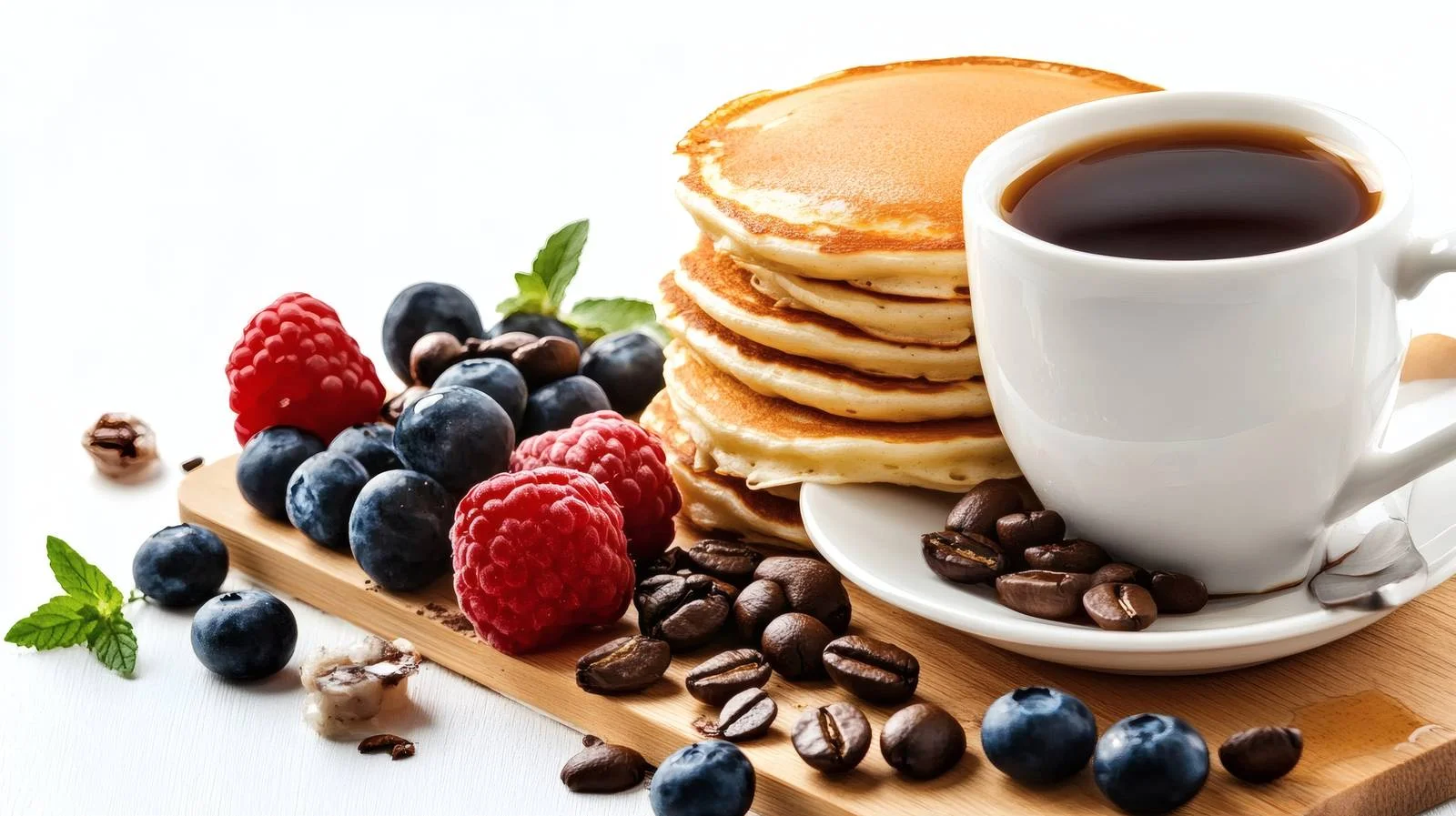 Morning Meal: Pancakes and Coffee on White — free download from Dotvec