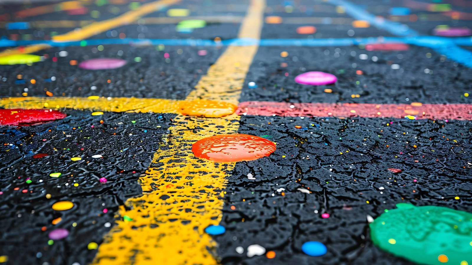 Vibrant colorful marks embellish asphalt pavement — free download from Dotvec