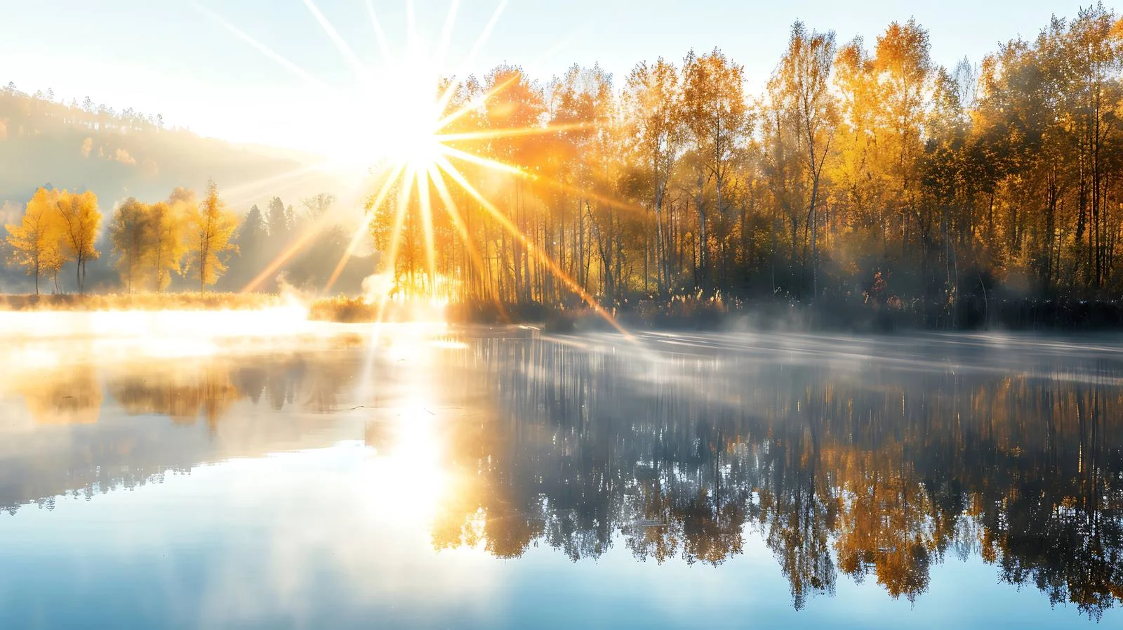 Tranquil Autumnal Lake Scene with Sunburst — free download from Dotvec