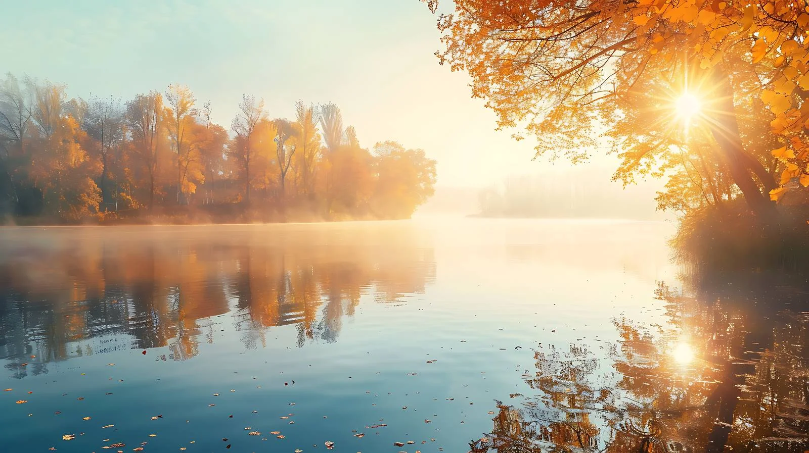 Tranquil Autumn Lake and Sunburst Scene — free download from Dotvec