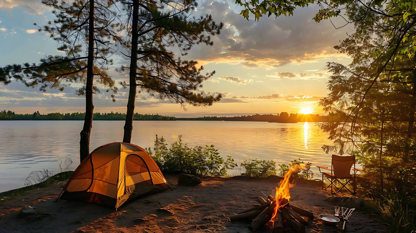 Tranquil lakeside campsite with cozy campfire — free download from Dotvec