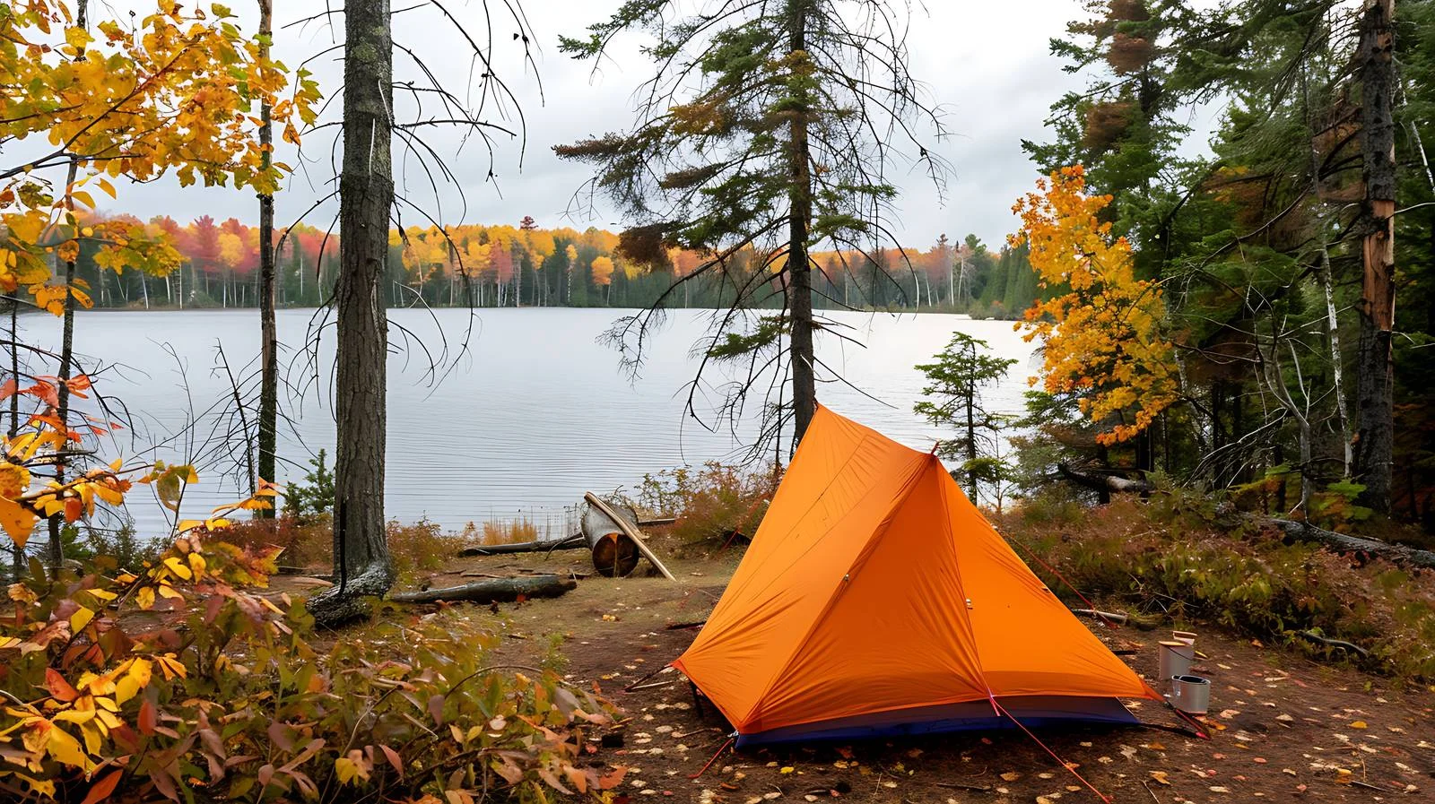 Scenic Campsite with Orange Tent by Minnesota Lake — free download from Dotvec