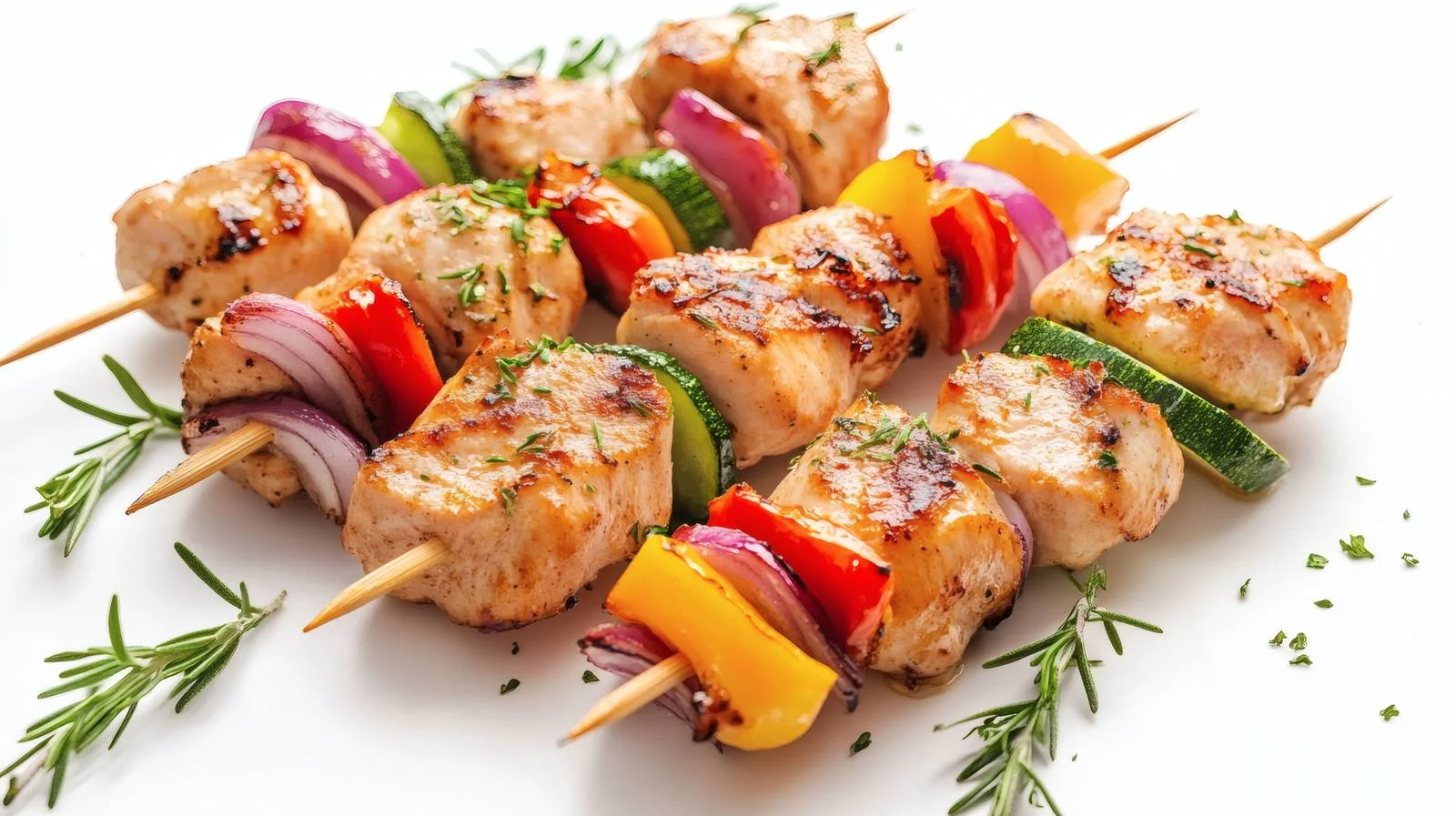 Succulent Chicken and Veggie Skewers on White — free download from Dotvec
