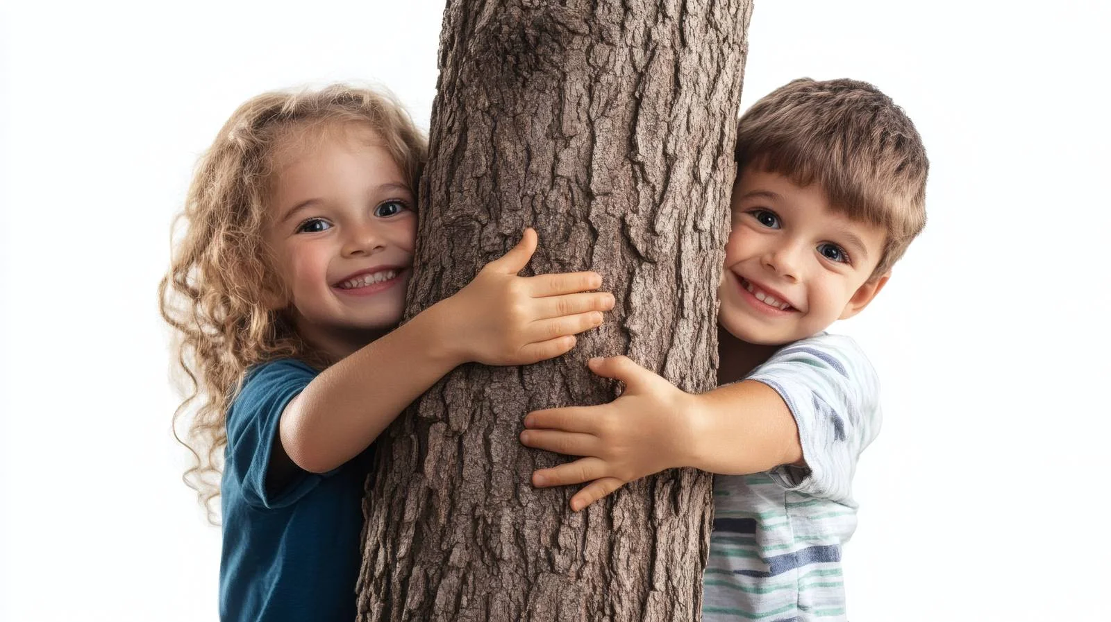 Young children embracing tree on white background — free download from Dotvec