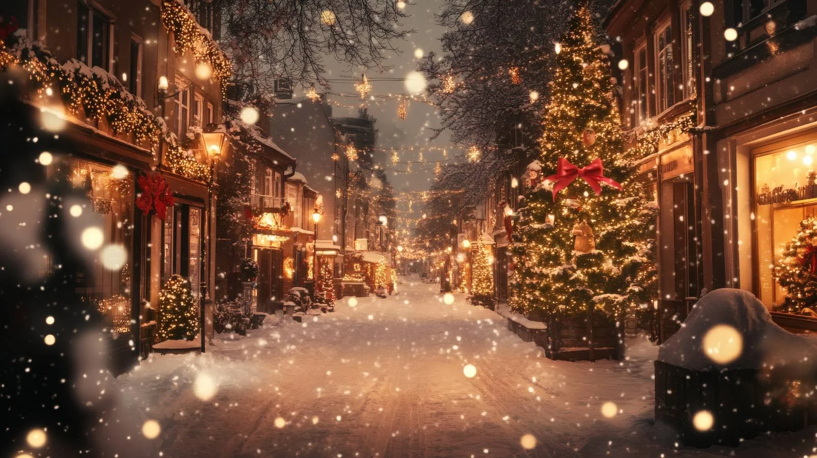 Festive Winter Street Scene with Snowfall — free download from Dotvec