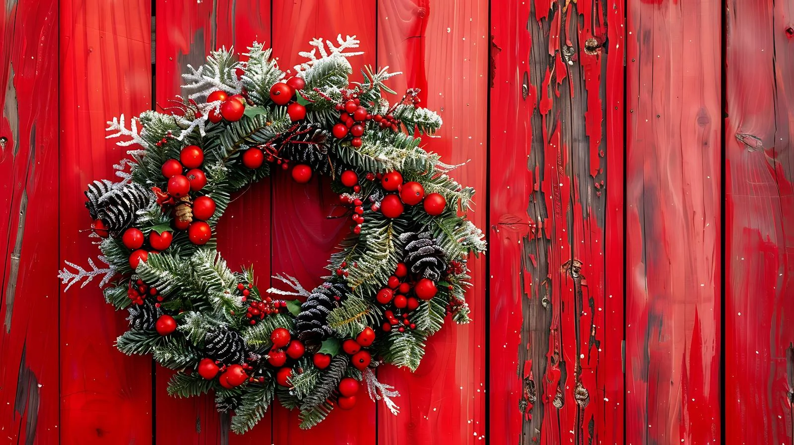 Festive Christmas Wreath on Red Wood — free download from Dotvec