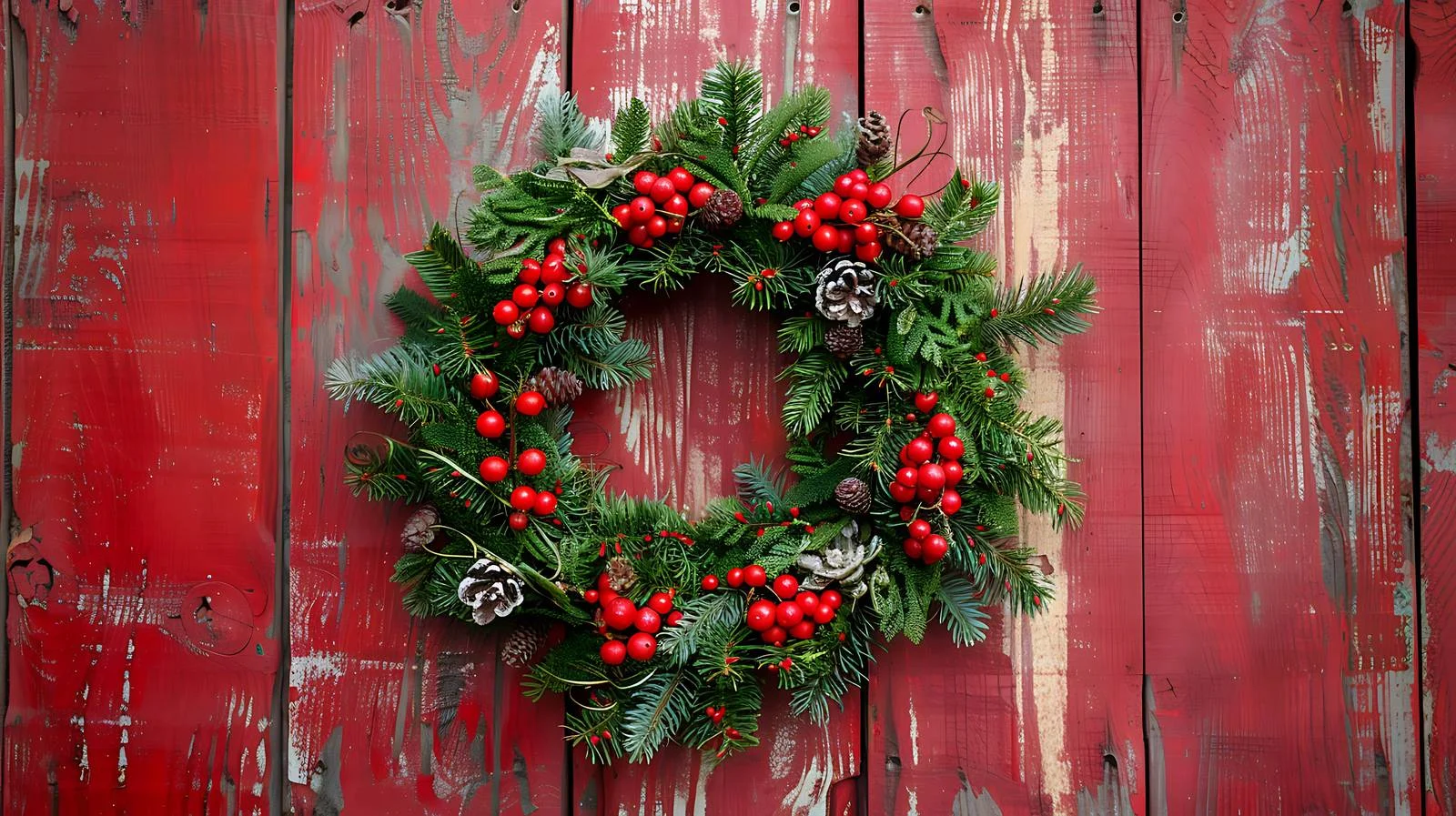 Festive Christmas Wreath on Weathered Red Wood — free download from Dotvec