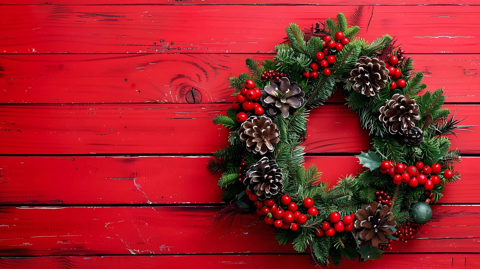 Elegant Christmas Wreath on Red Wooden Background — free download from Dotvec