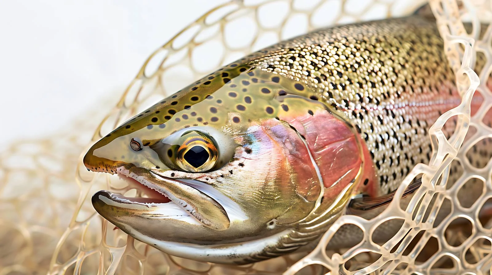 Vibrant rainbow trout caught in landing net — free download from Dotvec