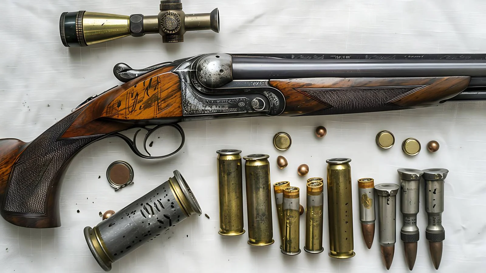 Detailed view of disassembled shotgun with ammo — free download from Dotvec