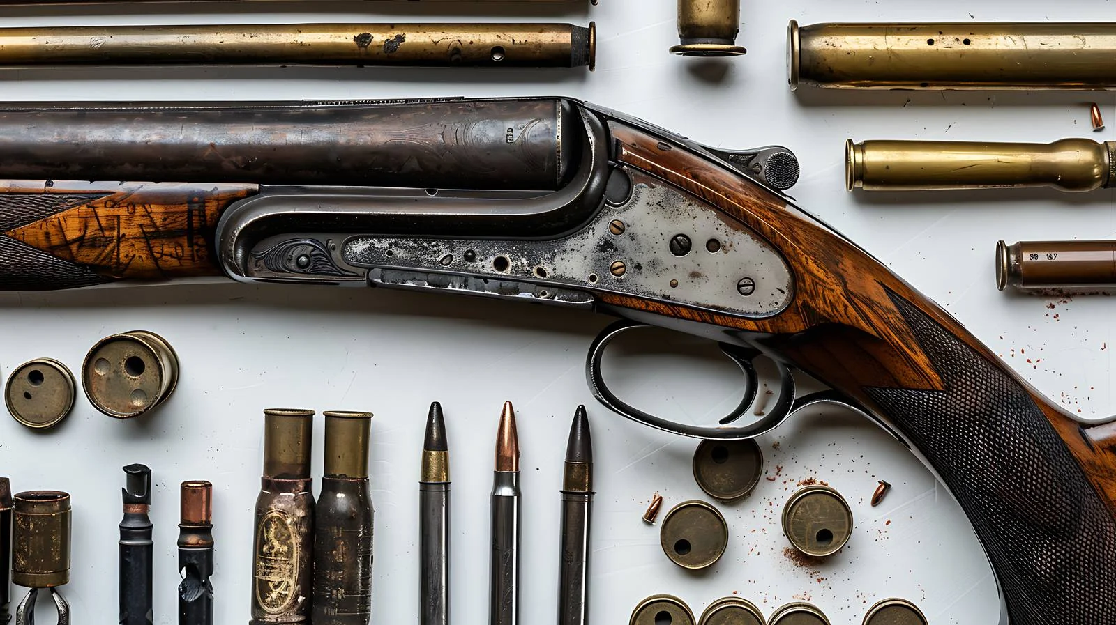 Detailed view of disassembled shotgun and ammo — free download from Dotvec