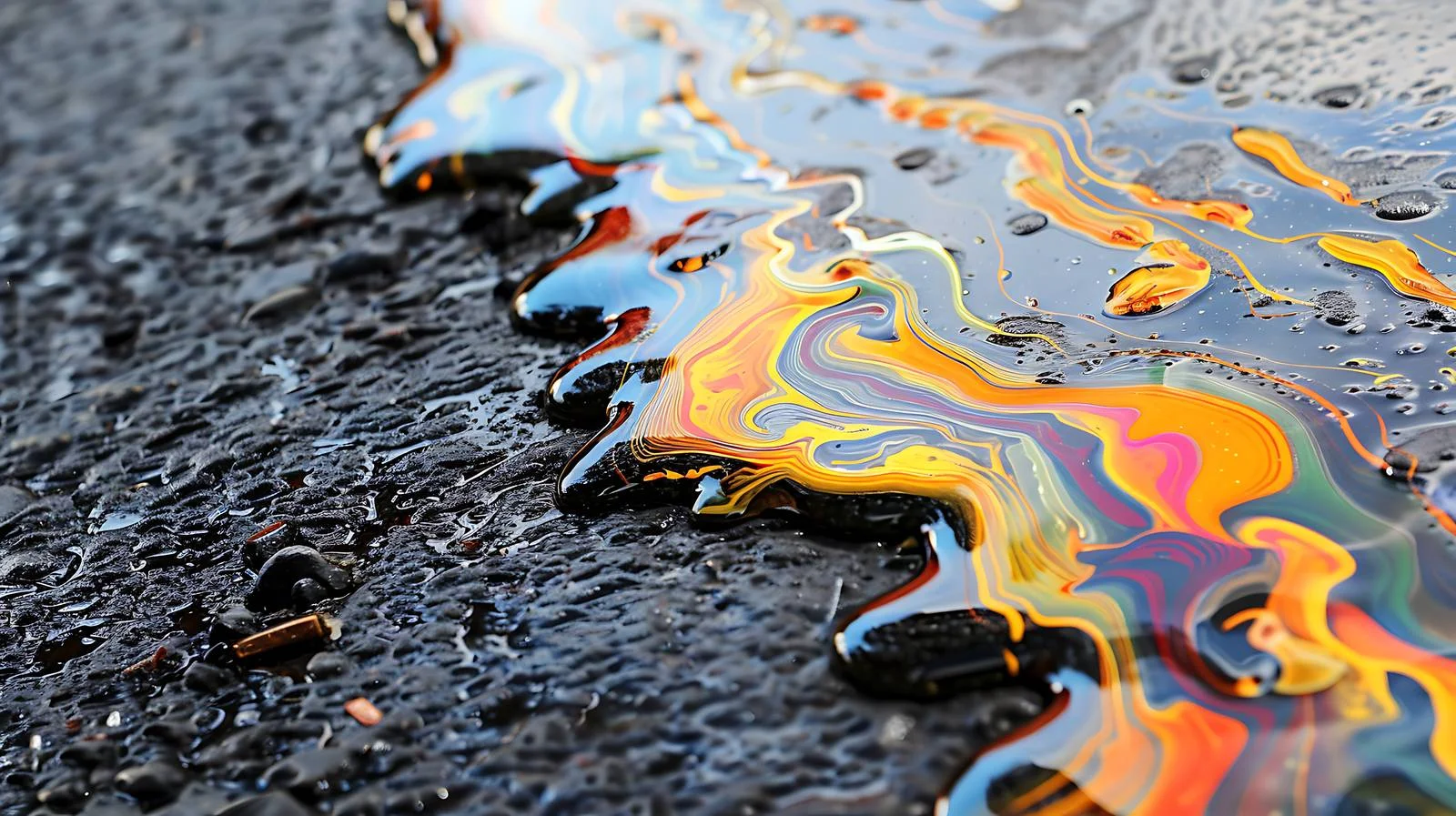 Vibrant spilled petrol oil on wet pavement — free download from Dotvec