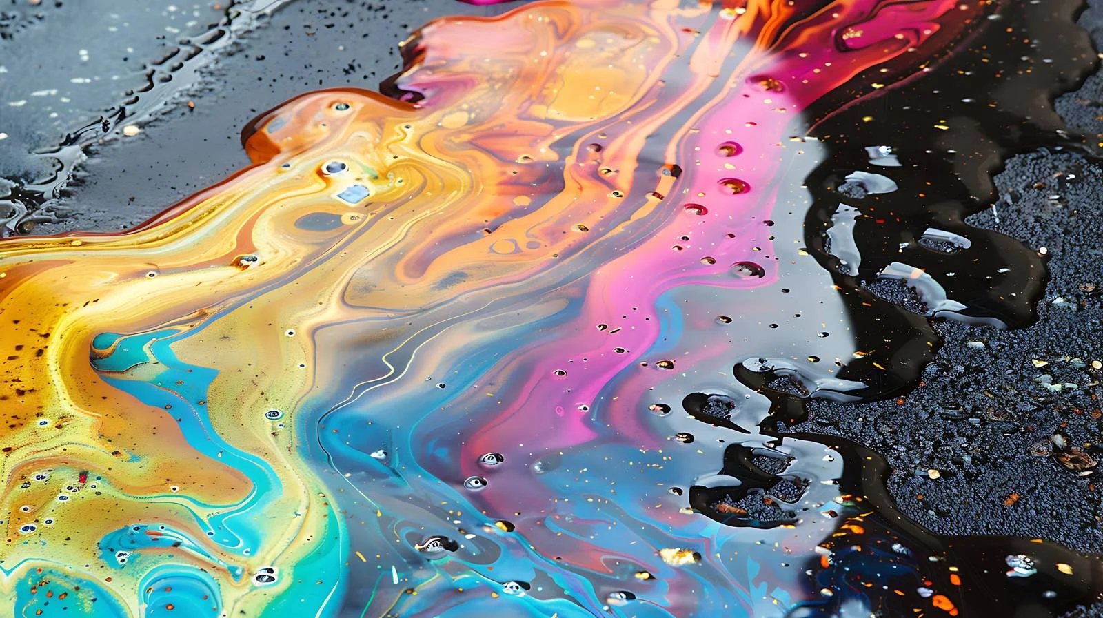 Vibrant petrol oil spill on wet pavement — free download from Dotvec