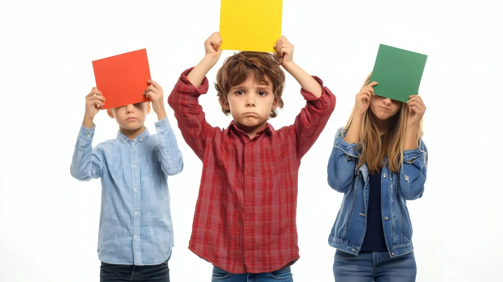 Perplexed Child Holding Paper Among Disoriented Parents — free download from Dotvec