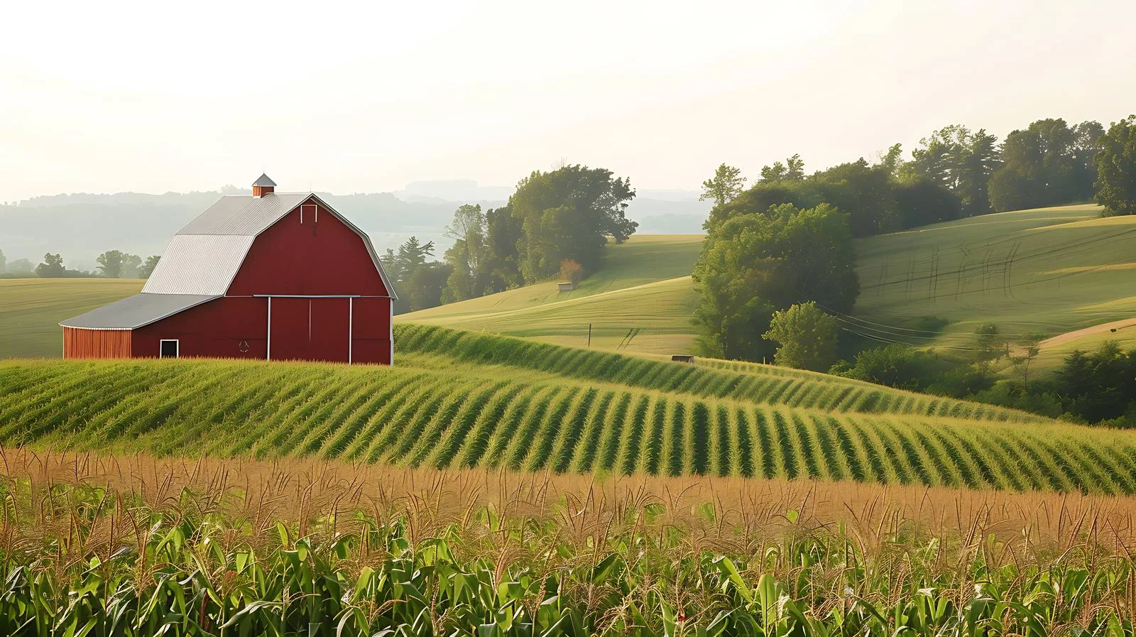 Late Summer Cornfield and Barn on Rolling Hills — free download from Dotvec