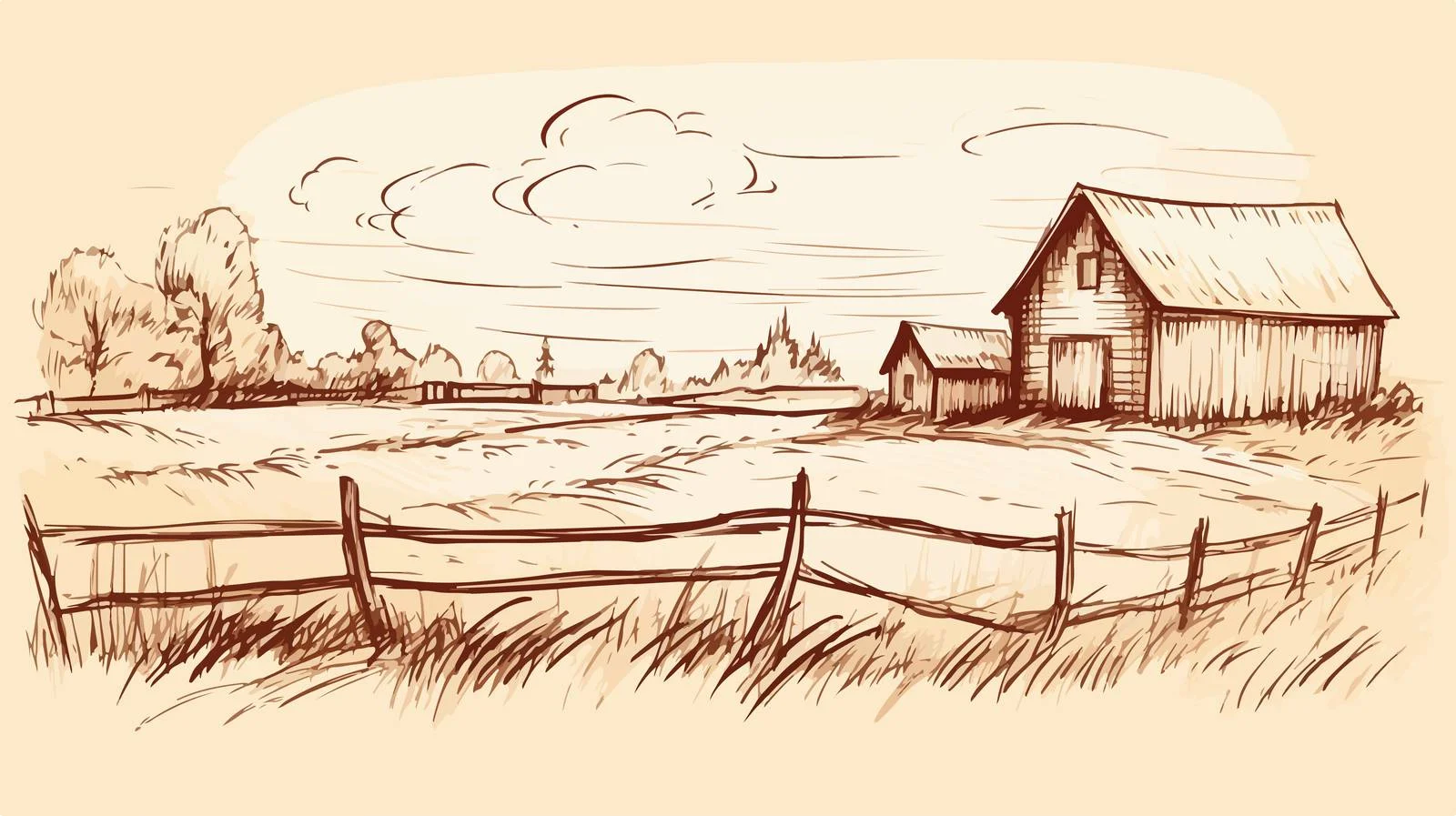 Rustic Wooden Barn Landscape Sketch — free download from Dotvec