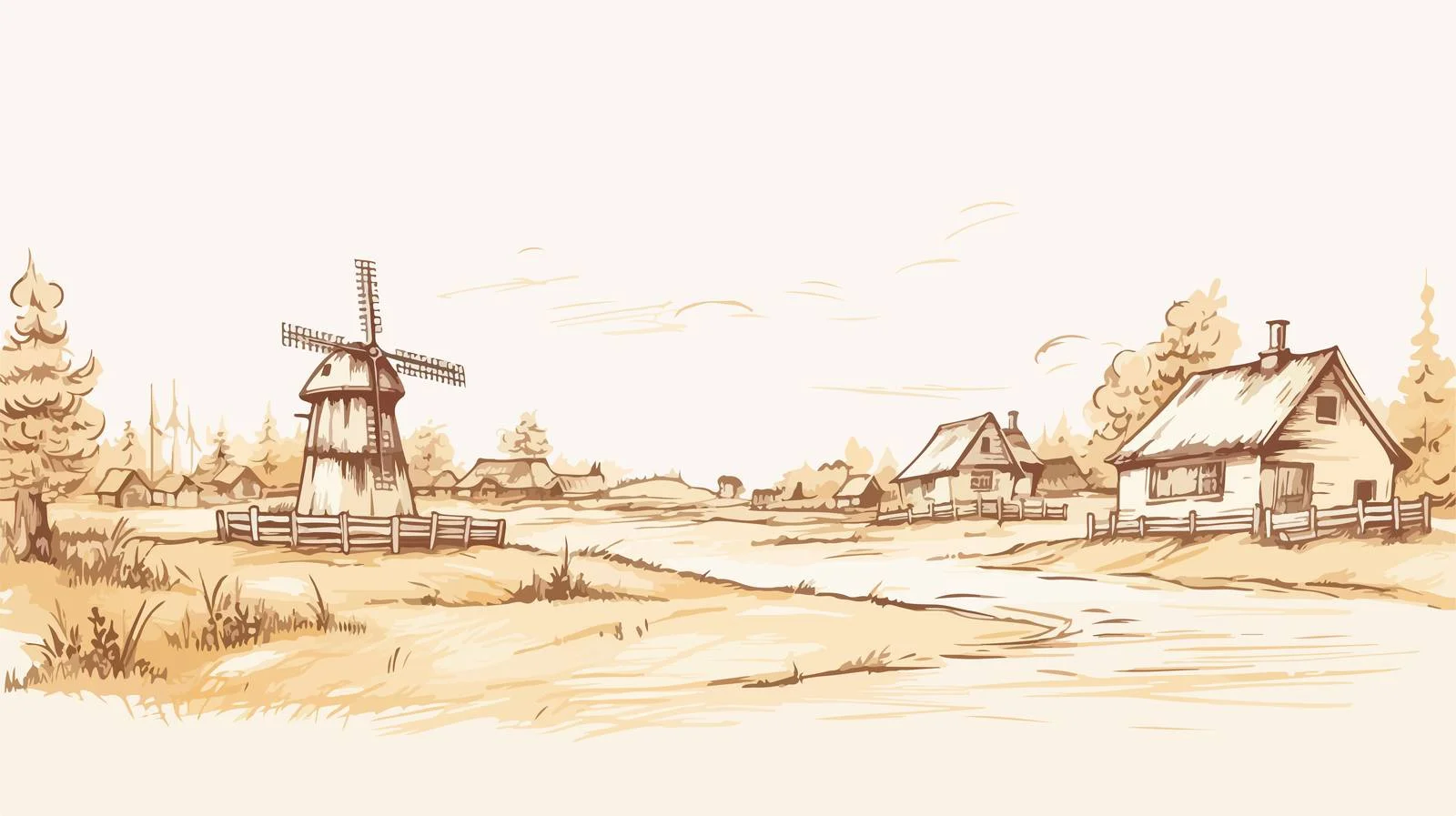 Rural Wooden Houses and Mill Landscape — free download from Dotvec