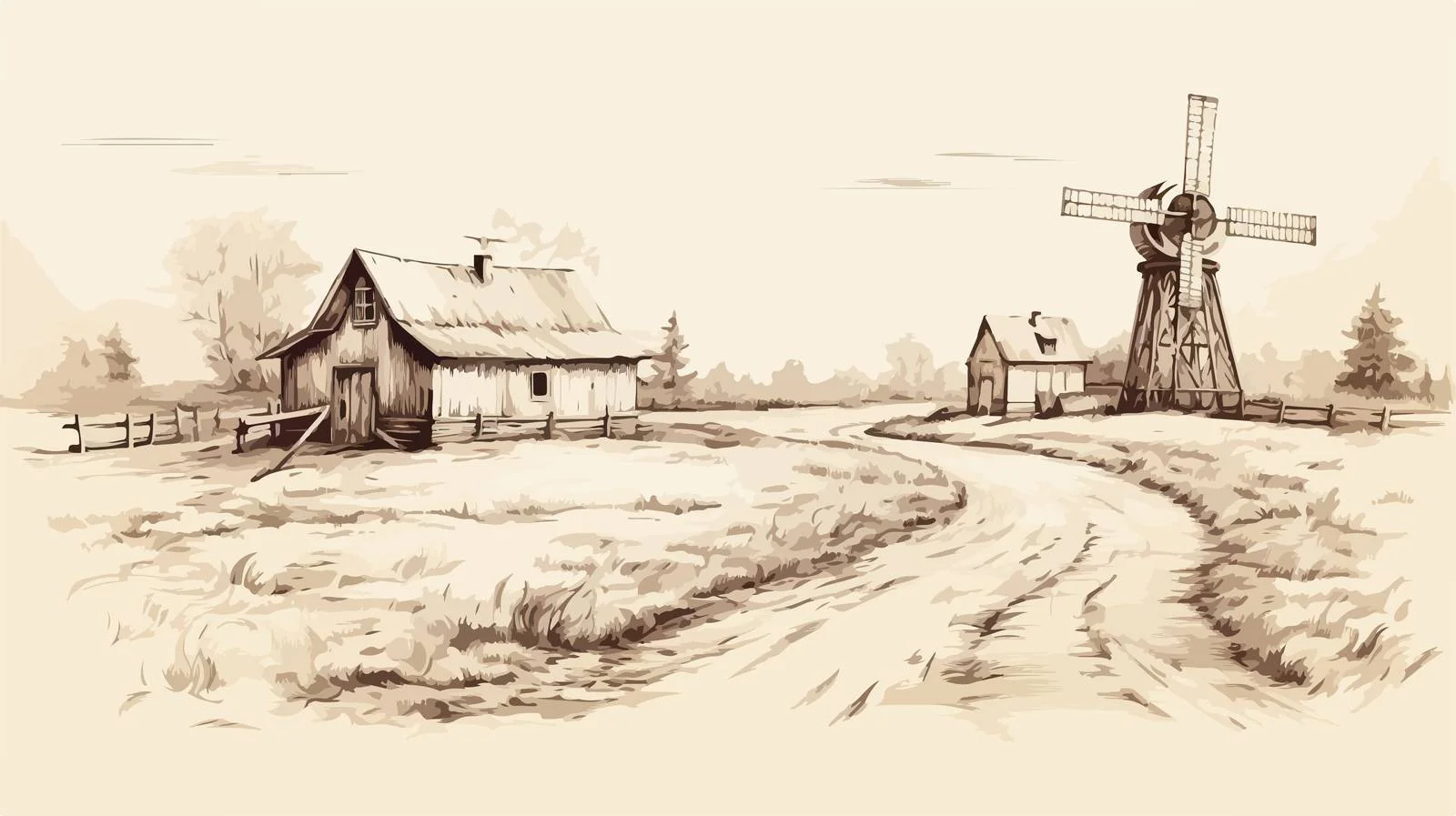 Serene Countryside Scene with Wooden Mill — free download from Dotvec