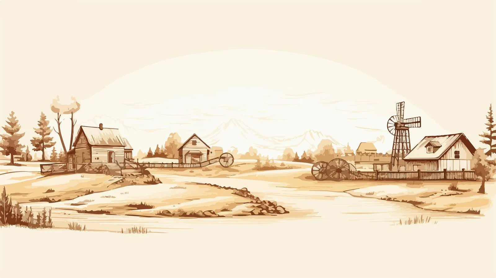 Rural Village Scene with Windmill — free download from Dotvec